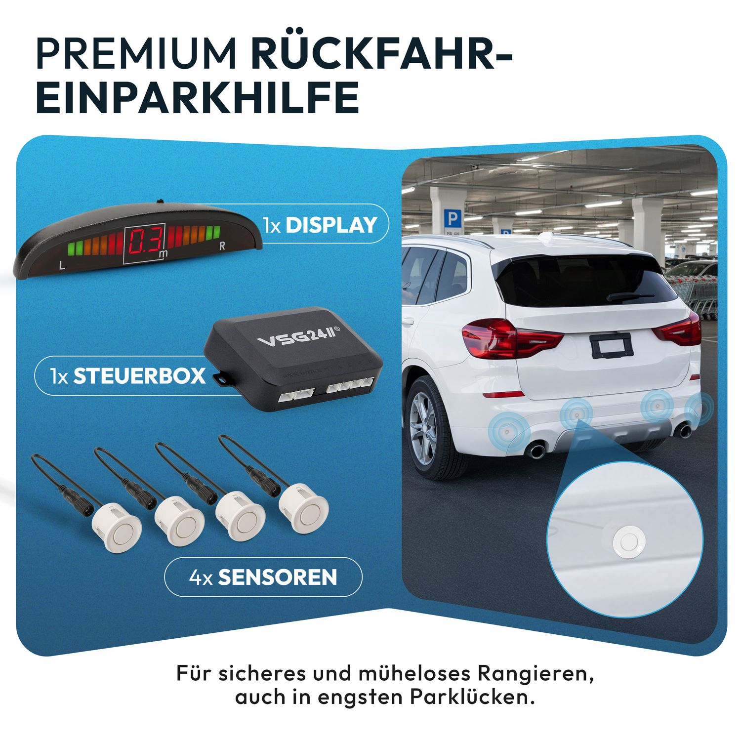 Rückfahrkamera-Set mit Display, Steuerbox und Sensoren.