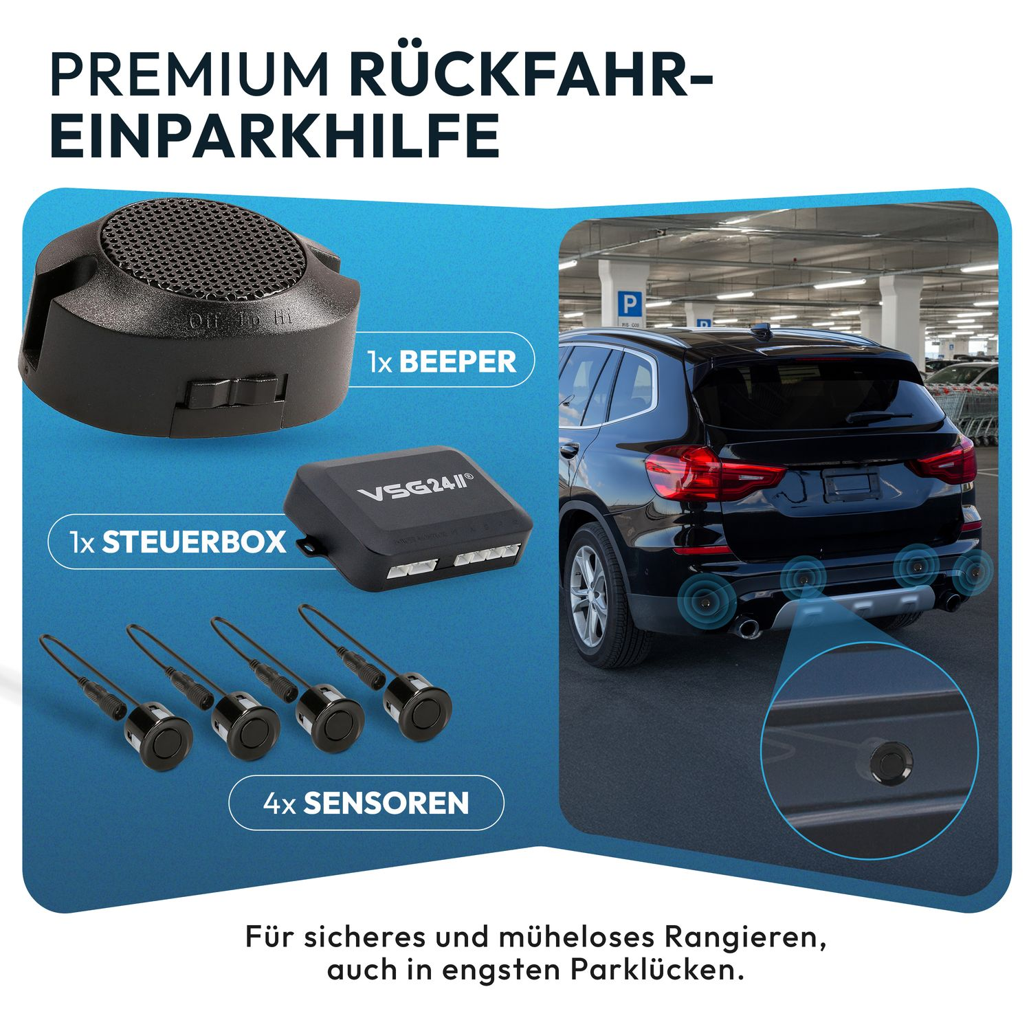 Produktbild: Rückfahrkamera-System mit Beeper, Steuerbox und Sensoren.