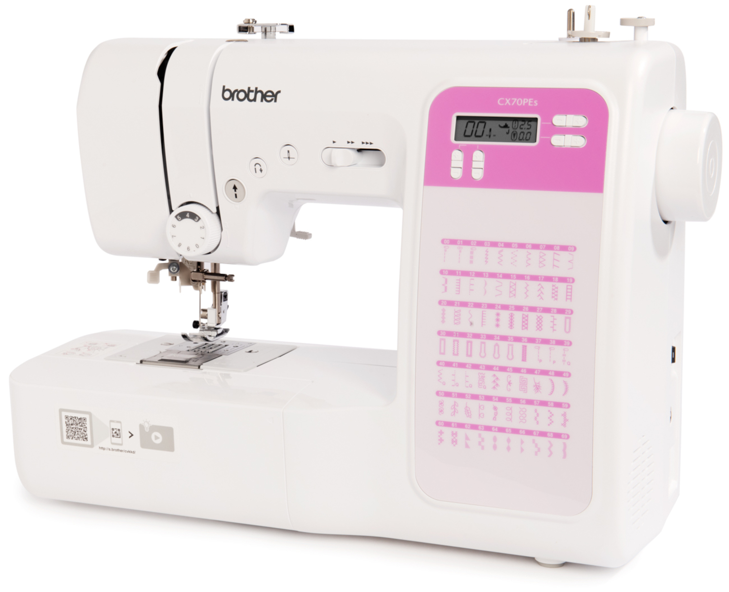 Una máquina de coser blanca Brother con pantalla LCD y patrones de puntadas.