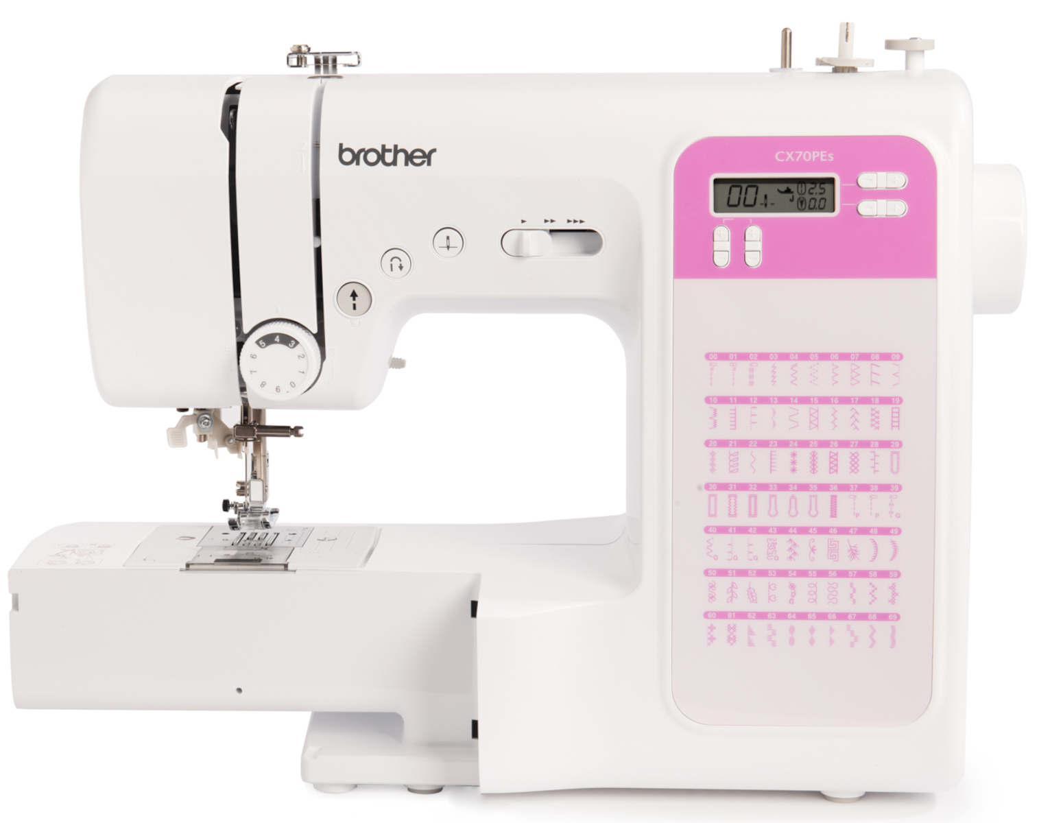 Máquina de coser blanca Brother con panel rosa y pantalla digital.