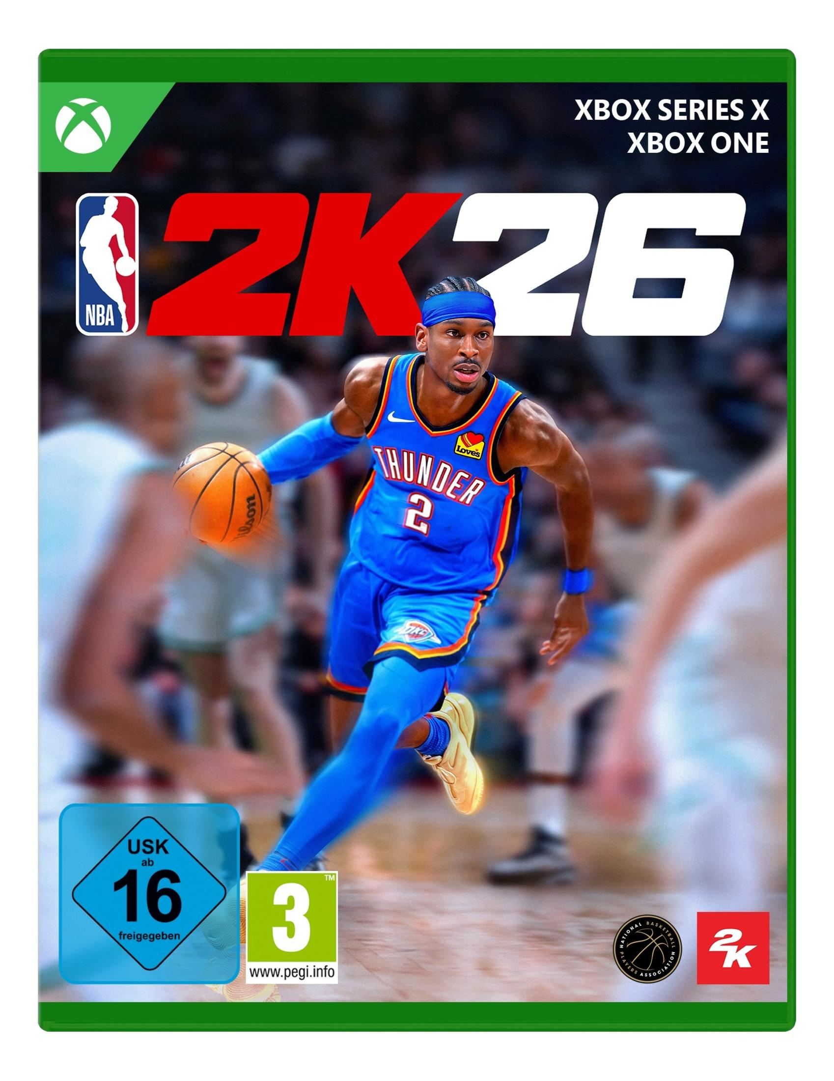 Copertina NBA 2K26: giocatore in maglia blu palleggia. Logo Xbox in alto.