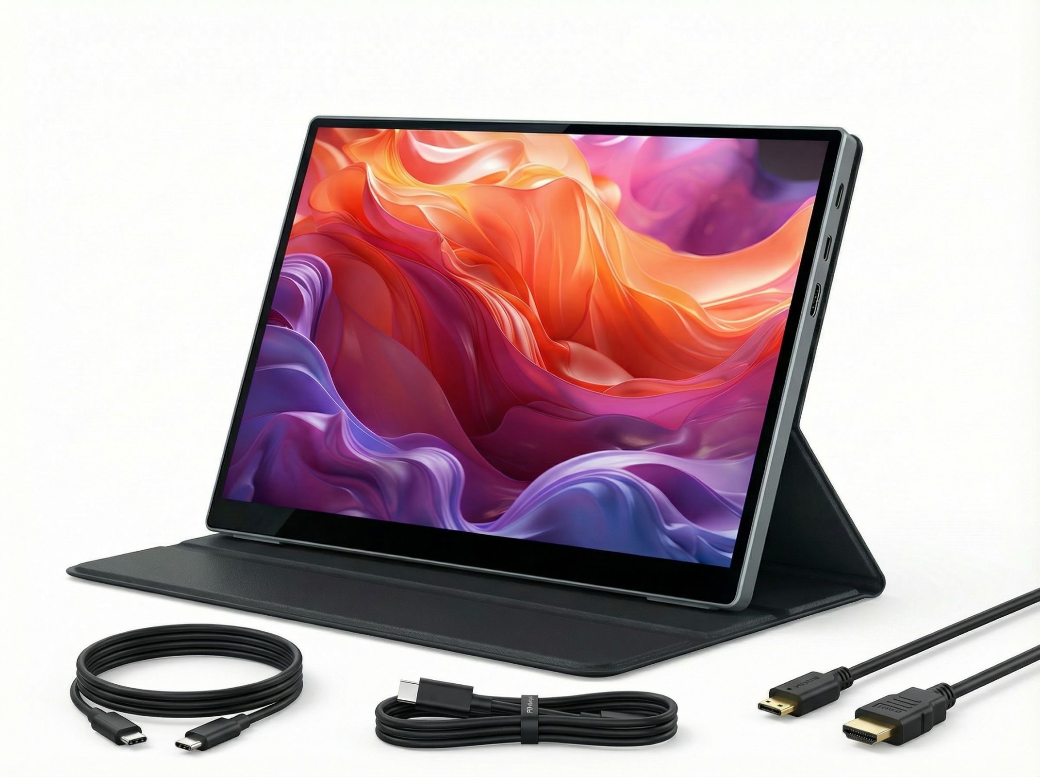 Ein Laptop mit buntem Hintergrund, Hülle und Kabeln auf weißem Hintergrund.