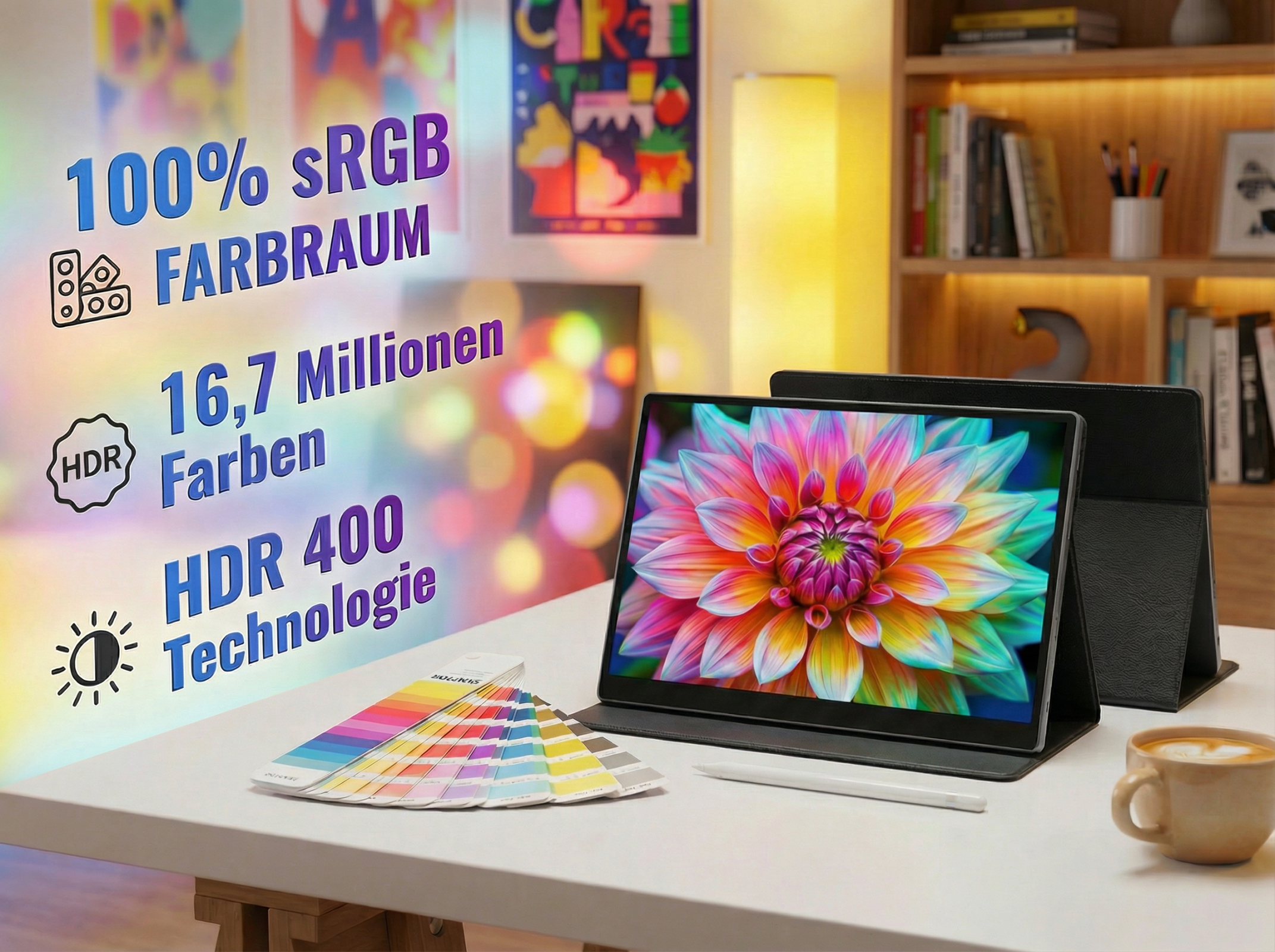 Ein Tablet mit einem bunten Blumenbild, Farbfächer, Stift und Tasse Kaffee.
