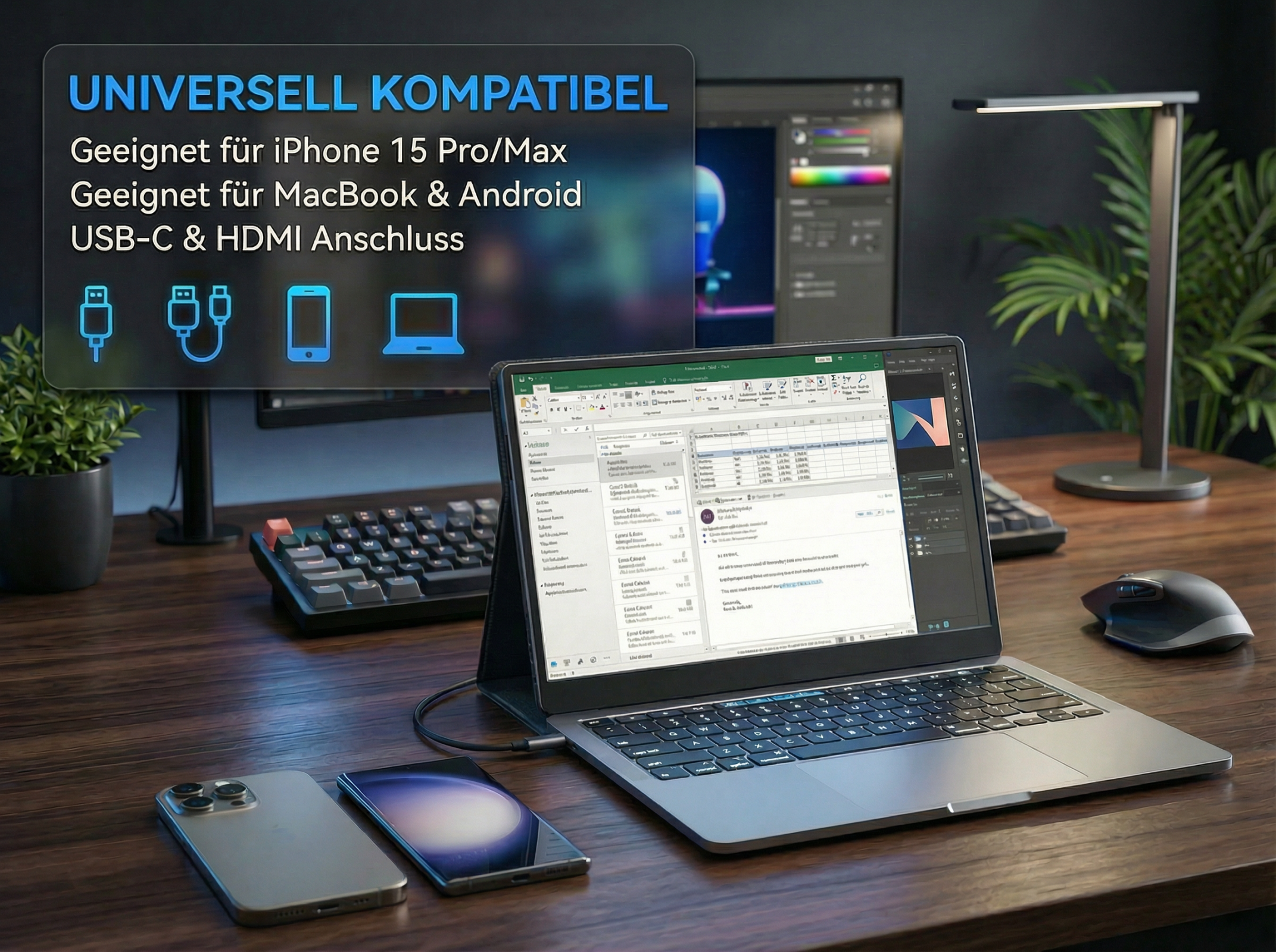 Ein Laptop mit Tabellenkalkulation, Tastatur, Maus und zwei Smartphones auf einem Holztisch.