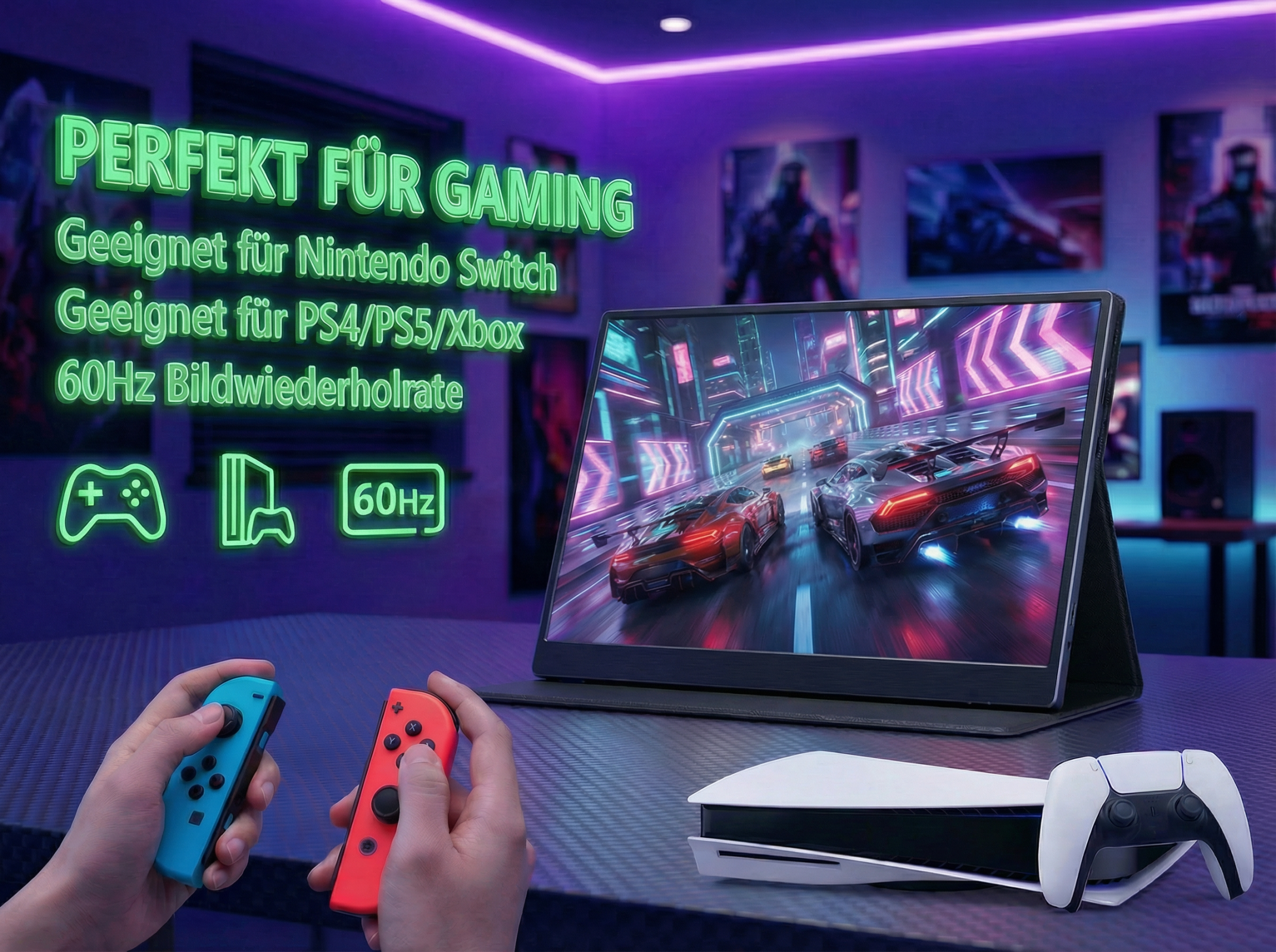 Gaming-Setup mit Monitor, Controllern und Konsole, "Perfekt für Gaming" Schriftzug.