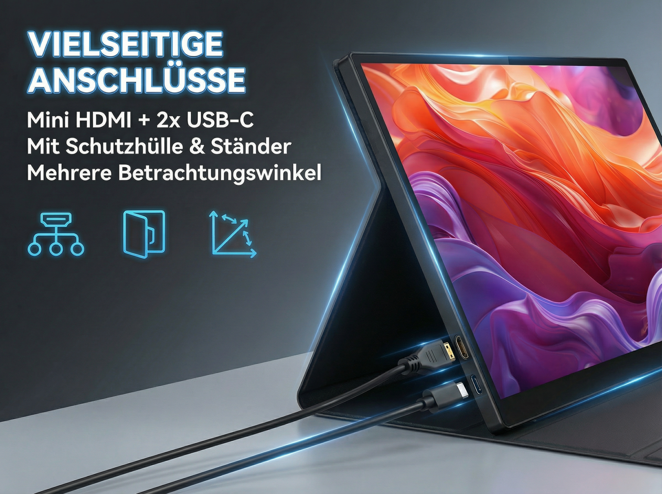 Ein tragbarer Monitor mit bunten Hintergrundbild, HDMI und USB-C Anschlüssen.