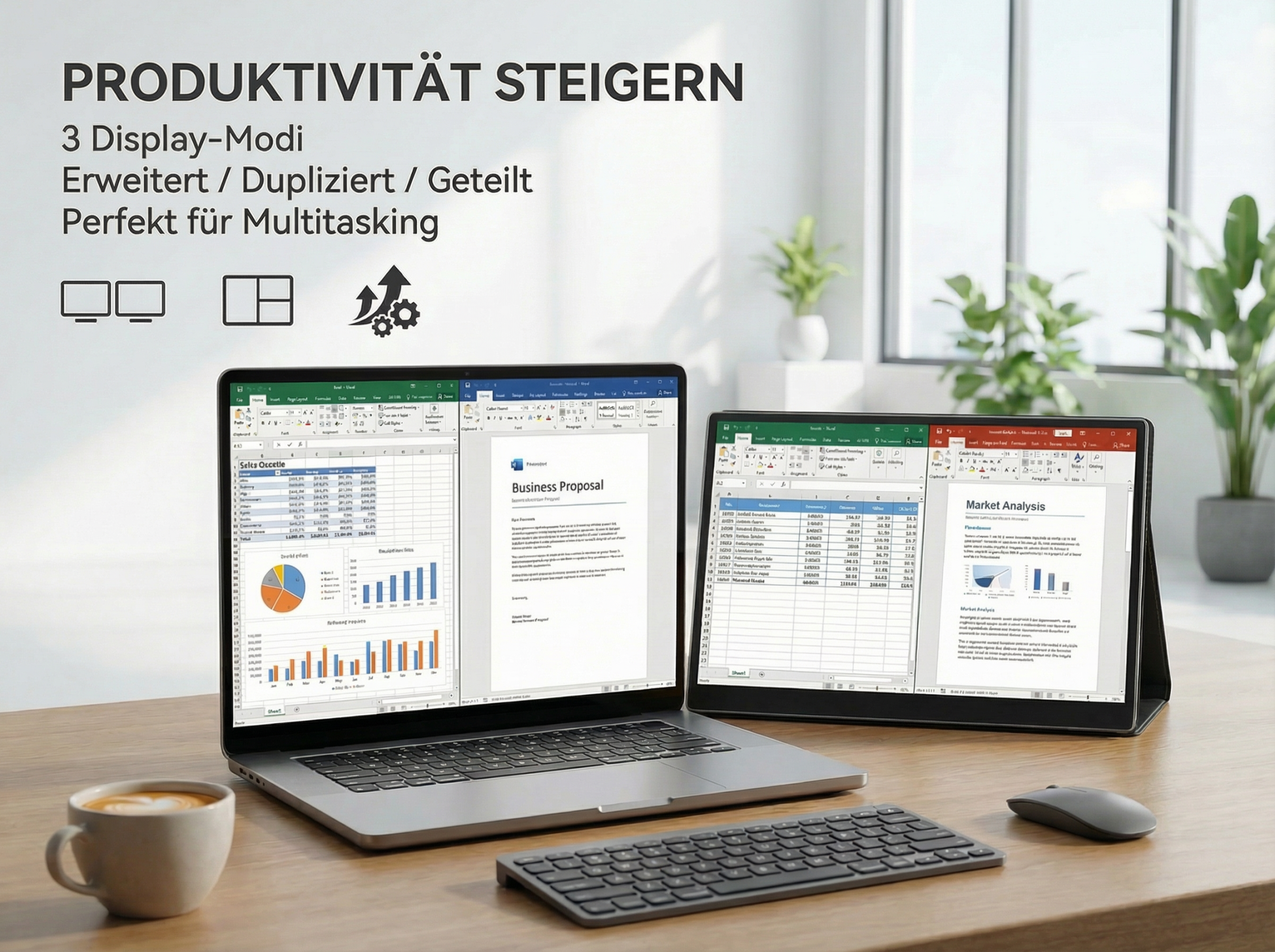 Ein Laptop mit zwei externen Bildschirmen, Tastatur, Maus und Kaffeetasse.