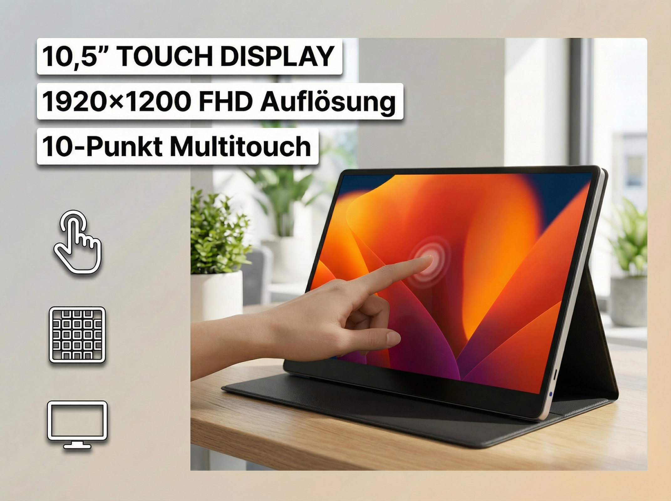 Ein Finger tippt auf ein Tablet mit einem bunten Hintergrund. Text beschreibt Merkmale.