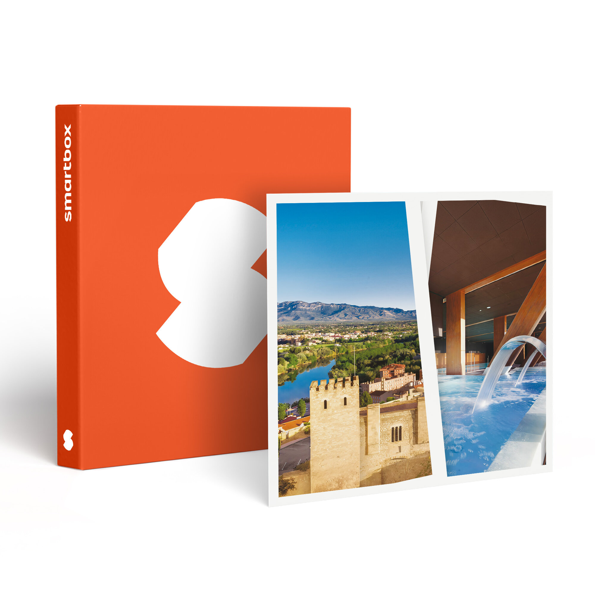 Caja naranja con logo Smartbox, al lado dos fotos: paisaje urbano y piscina.