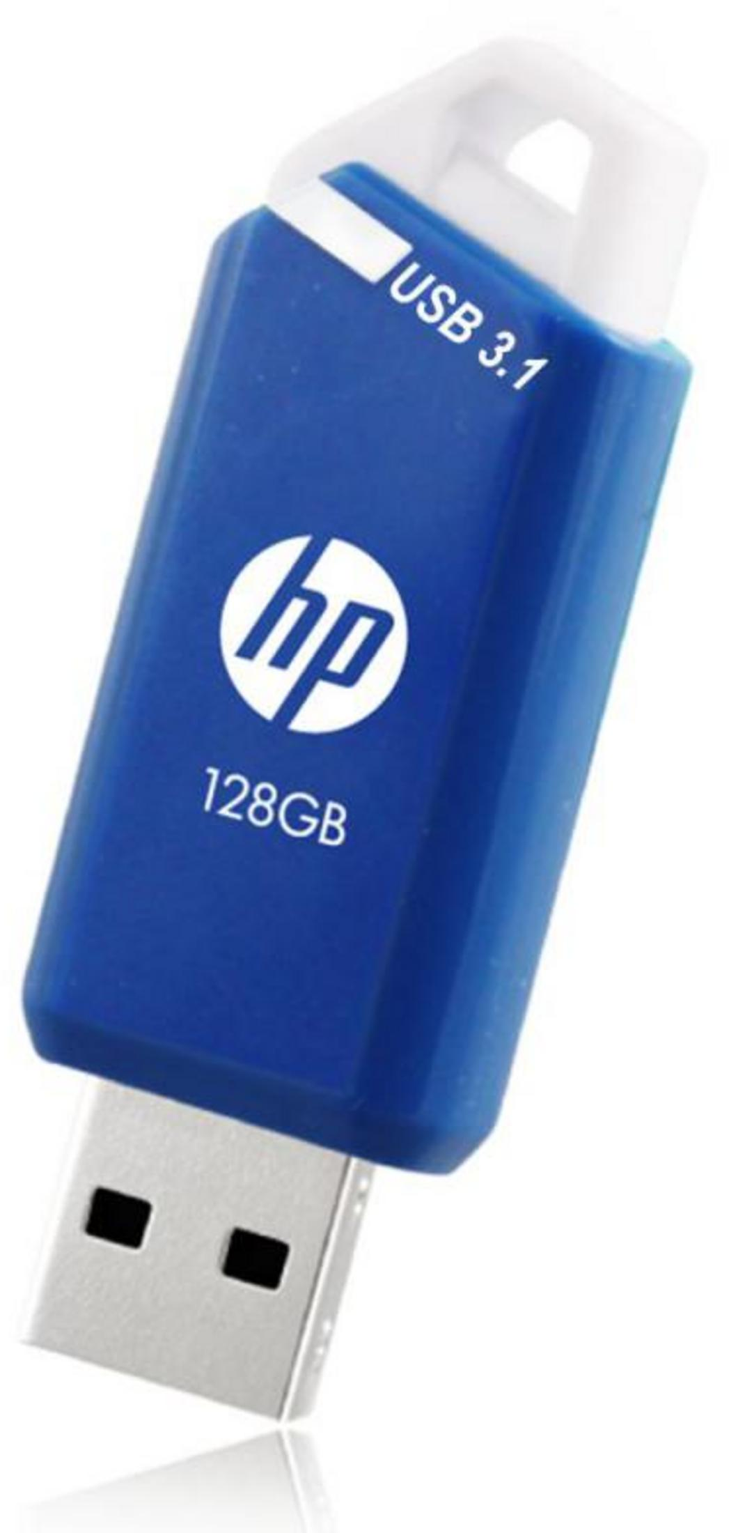 Pen drive USB 3.1 HP blu, 128 GB, con connettore argentato.