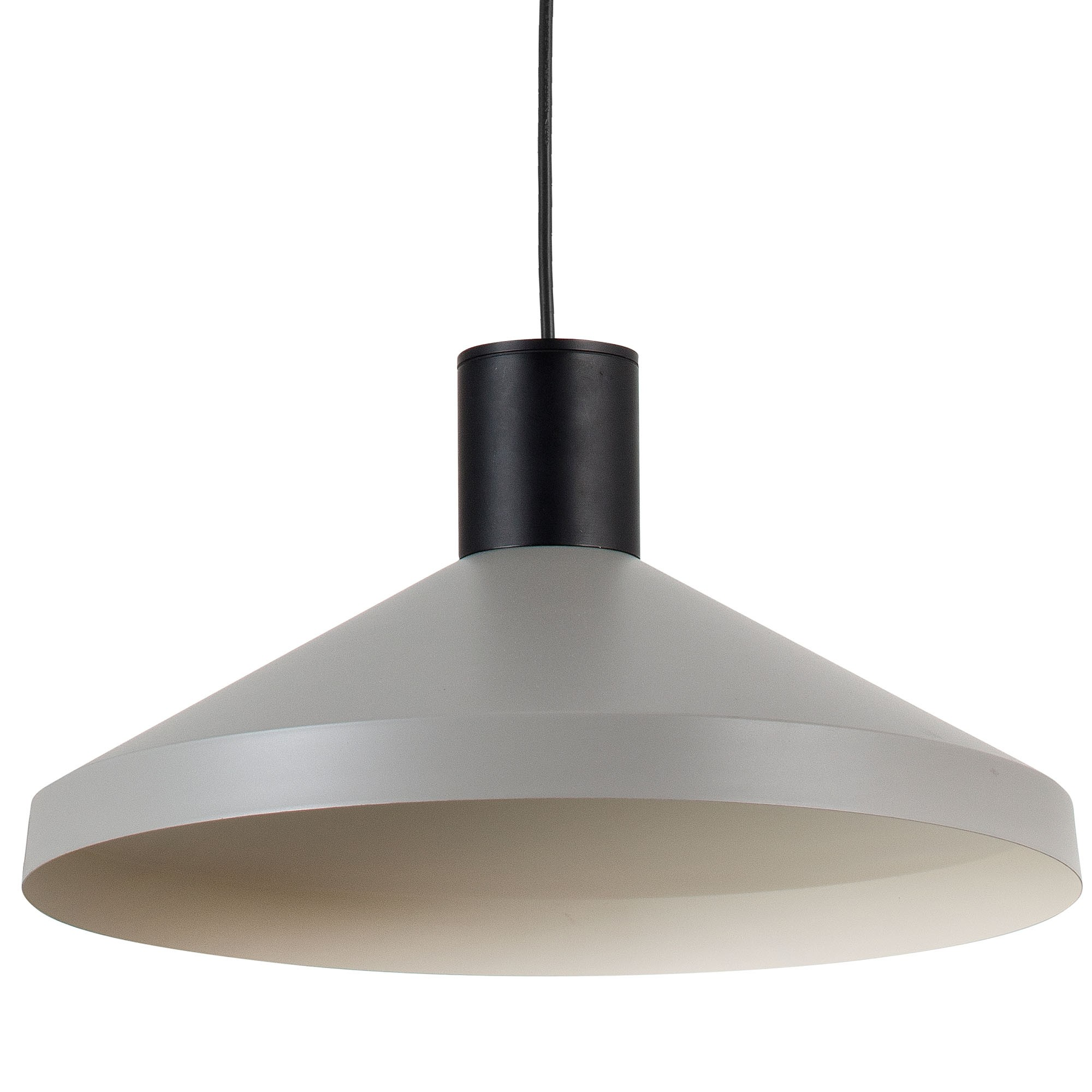 Lampada a sospensione grigia con cilindro e cavo neri.