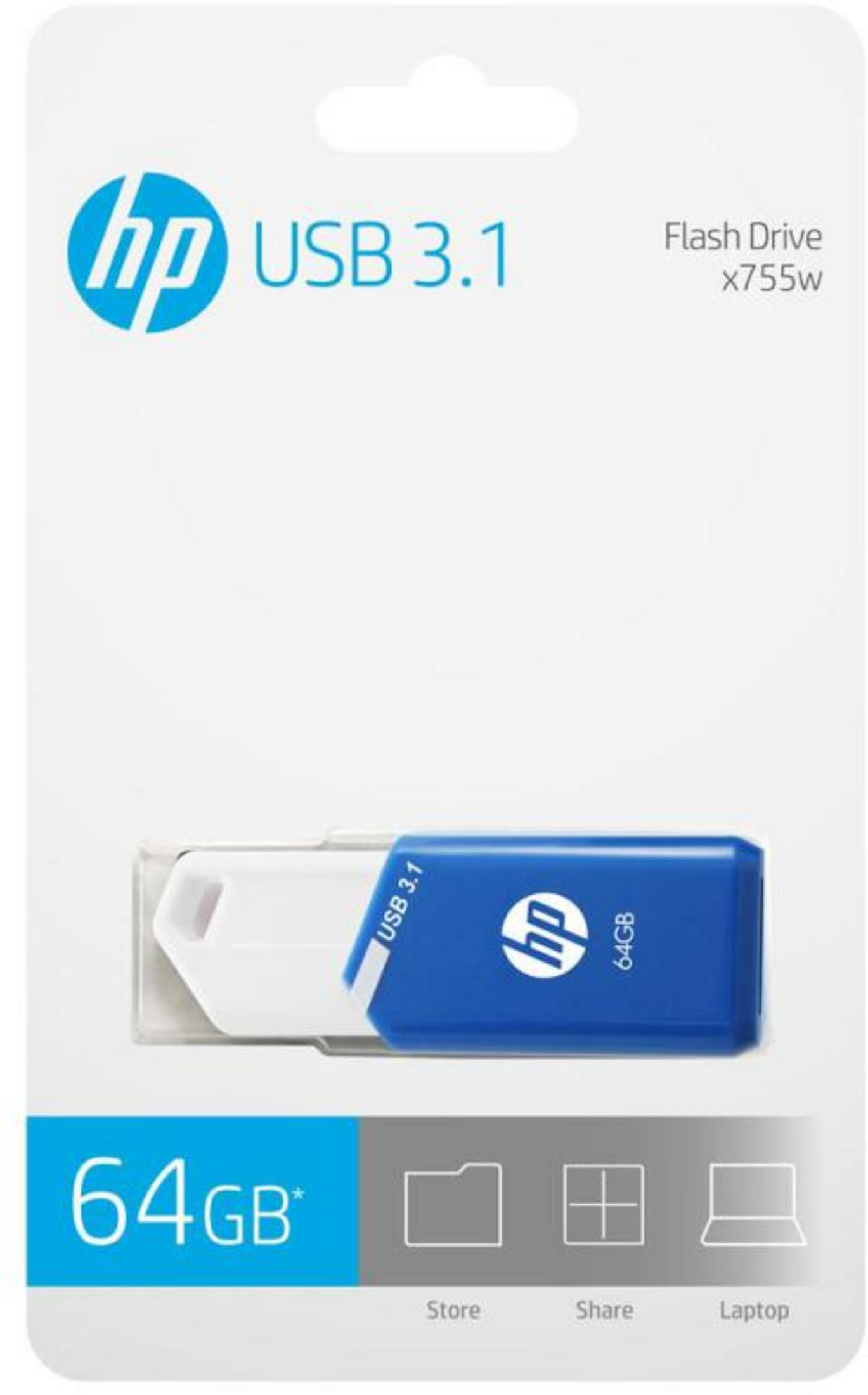 Clé USB HP 3.1 x755w, 64 Go, bleue et blanche.