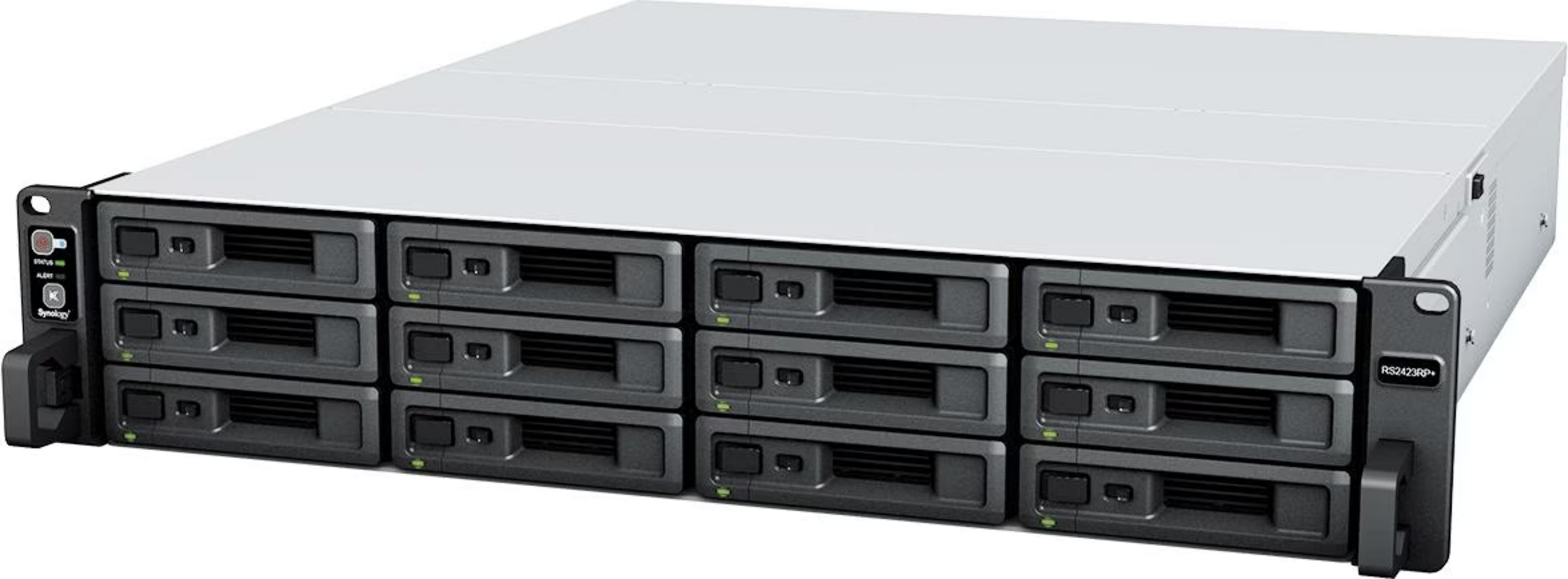 Ein silbernes Rackmount-NAS mit 12 Einschüben und schwarzer Front.