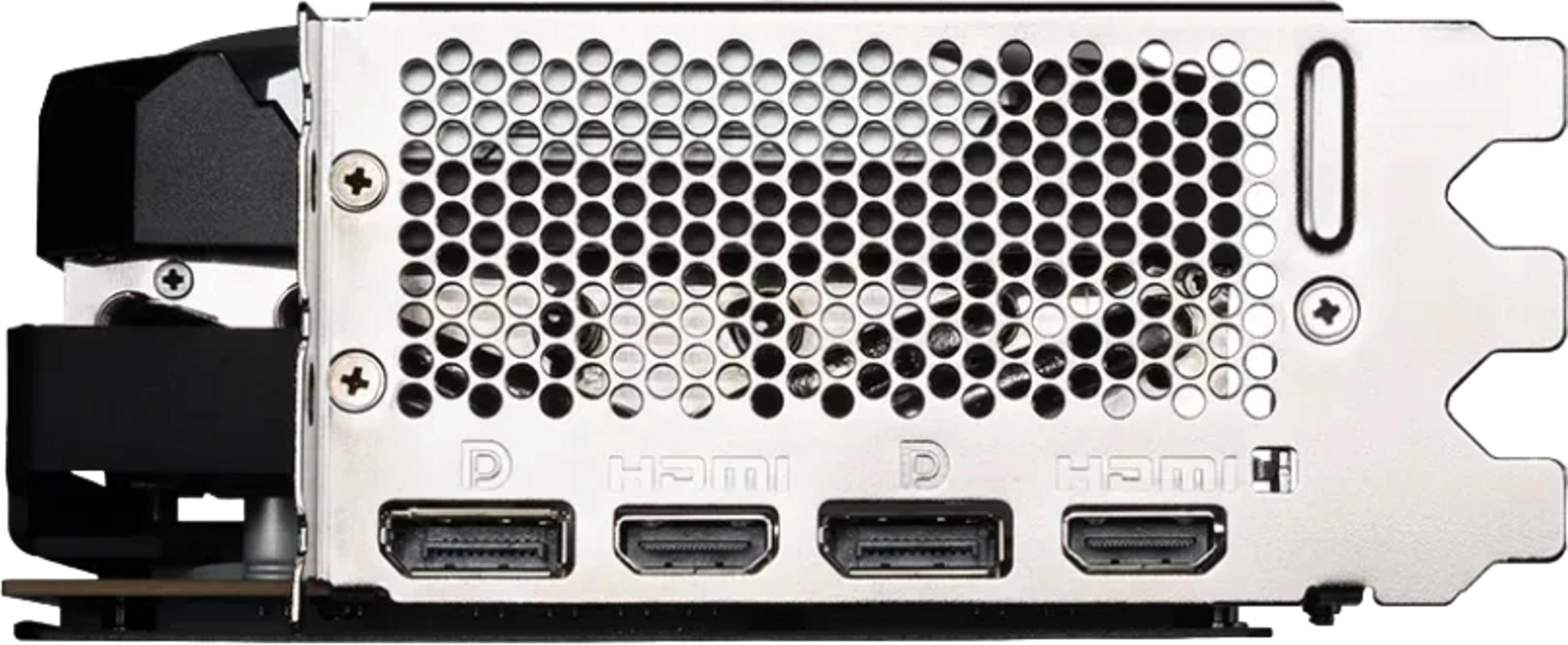 Scheda grafica con porte DisplayPort e HDMI e griglia di ventilazione.