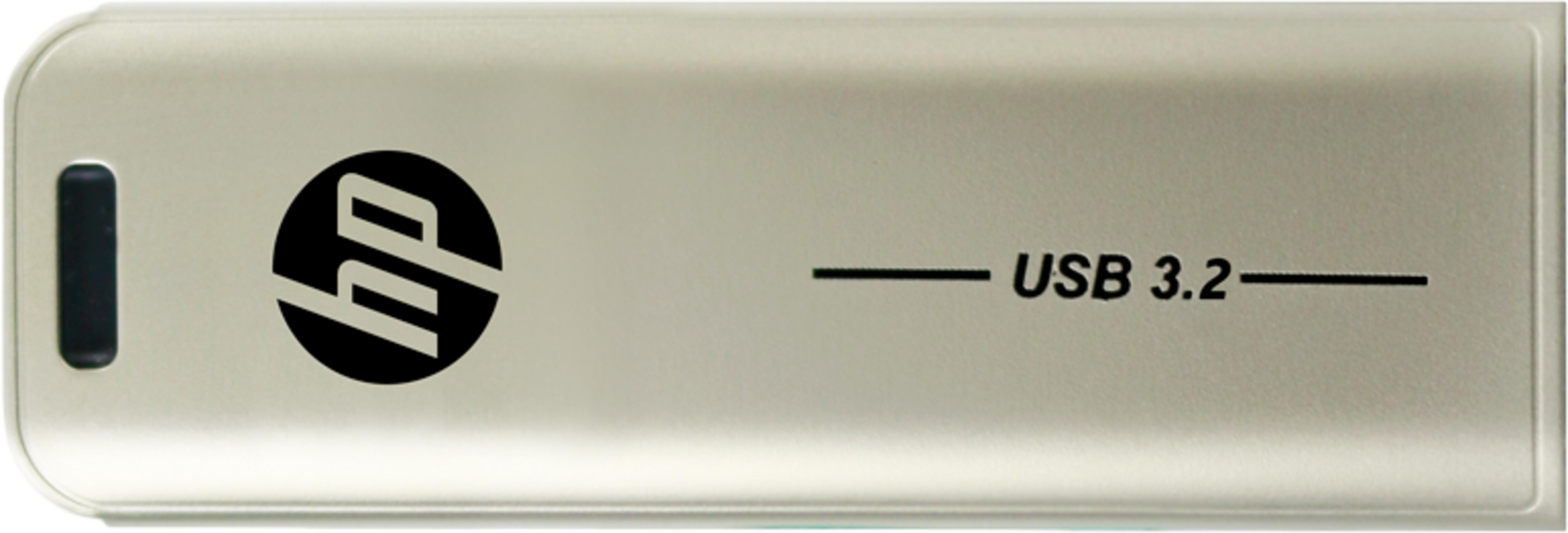 Srebrny dysk HP USB 3.2 z czarnym logo.
