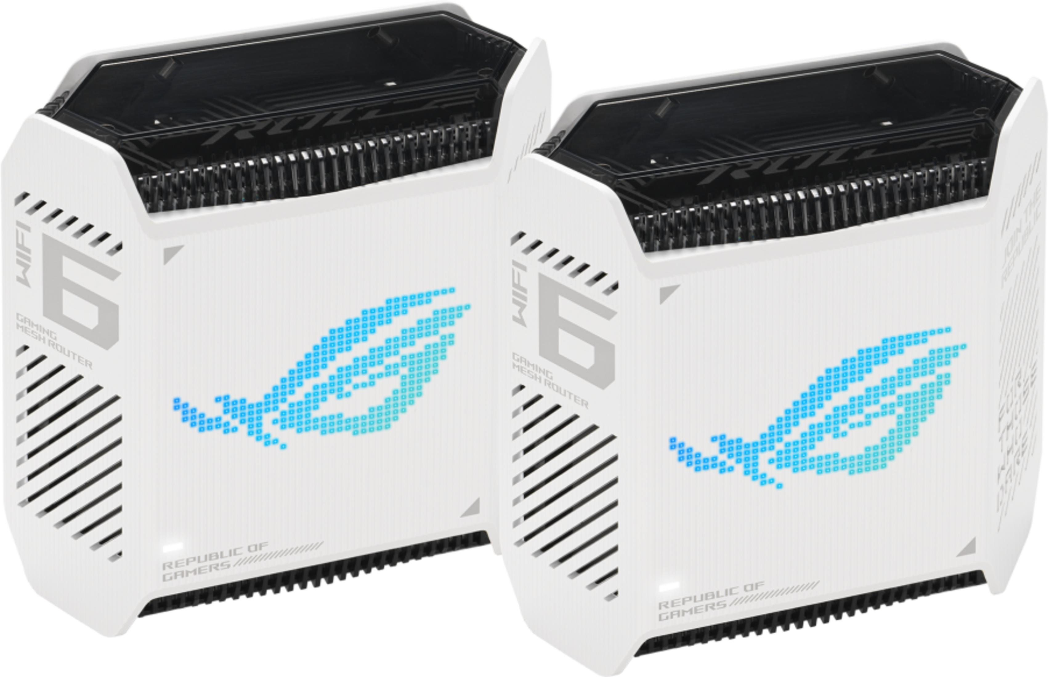Dos routers de juego blancos con logo azul y 