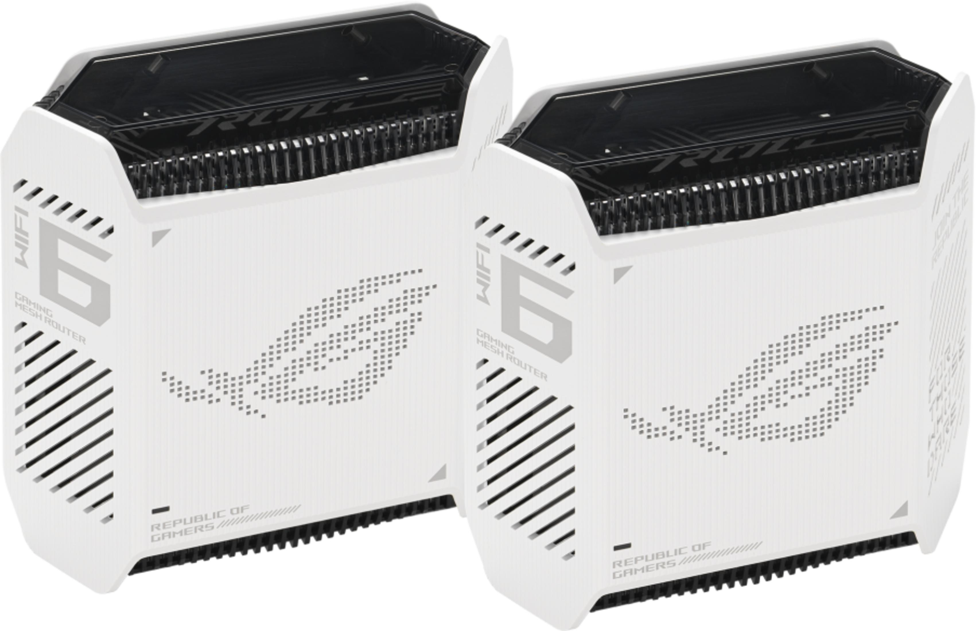 Dos routers blancos ROG Gaming Mesh con logos WiFi 6 uno al lado del otro.