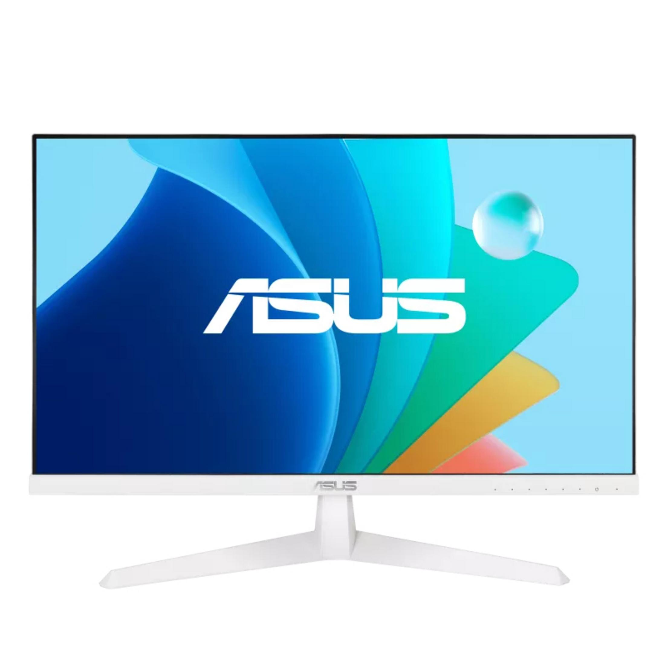 Biały monitor ASUS wyświetla abstrakcyjne niebiesko-zielone tło.