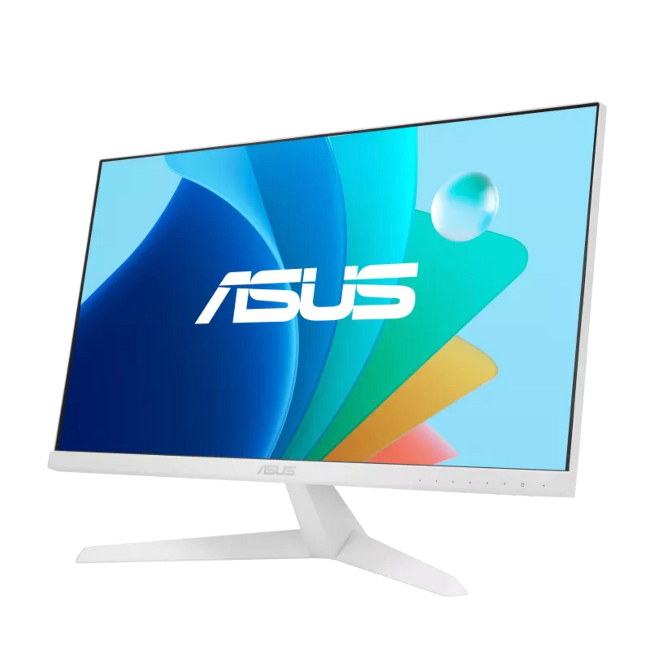Biały monitor ASUS z abstrakcyjnym niebiesko-zielonym tłem.