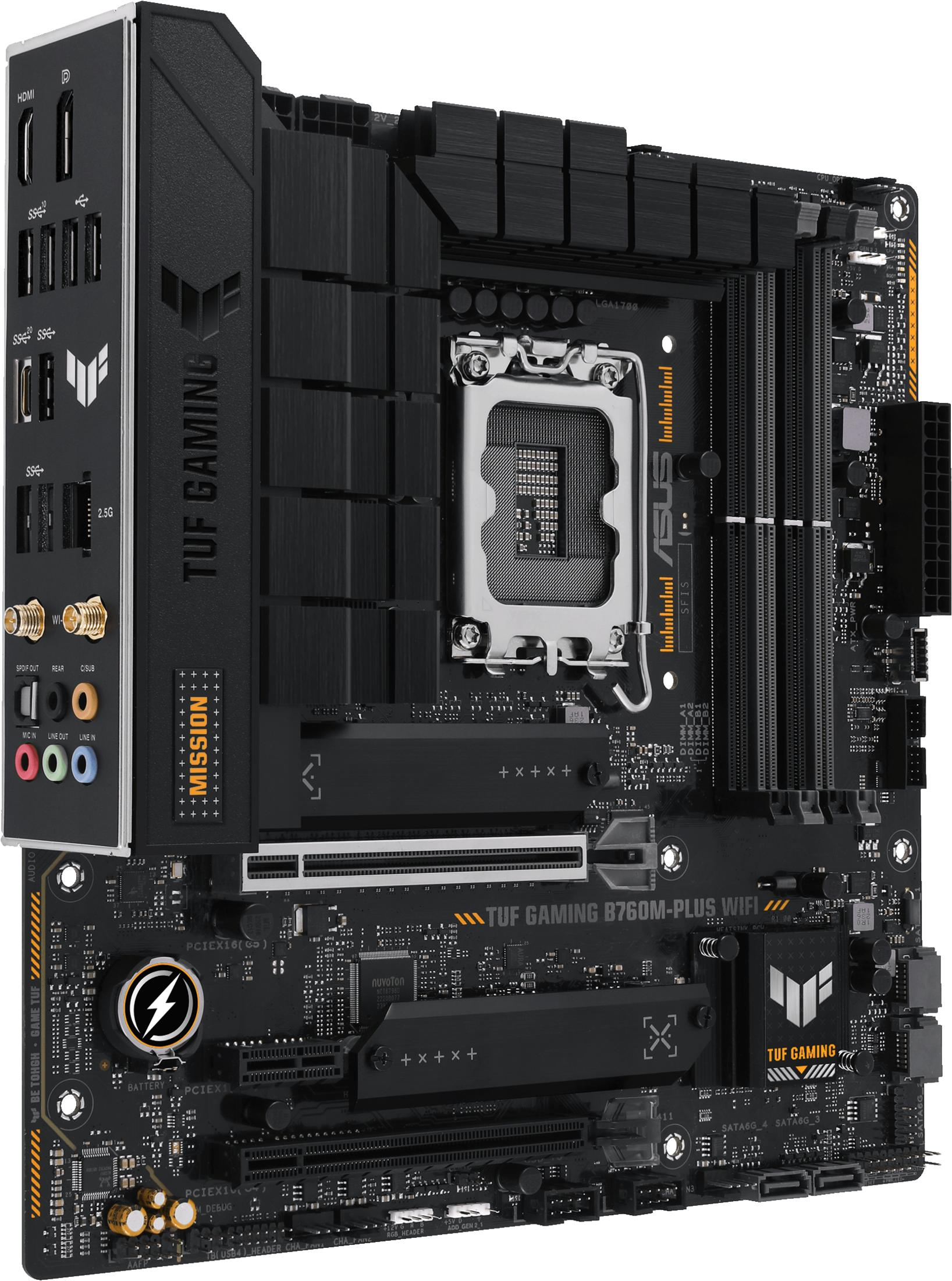 Eine schwarze ASUS TUF Gaming B760M-PLUS WIFI-Motherboard-Platine mit CPU-Sockel und Anschlüssen.