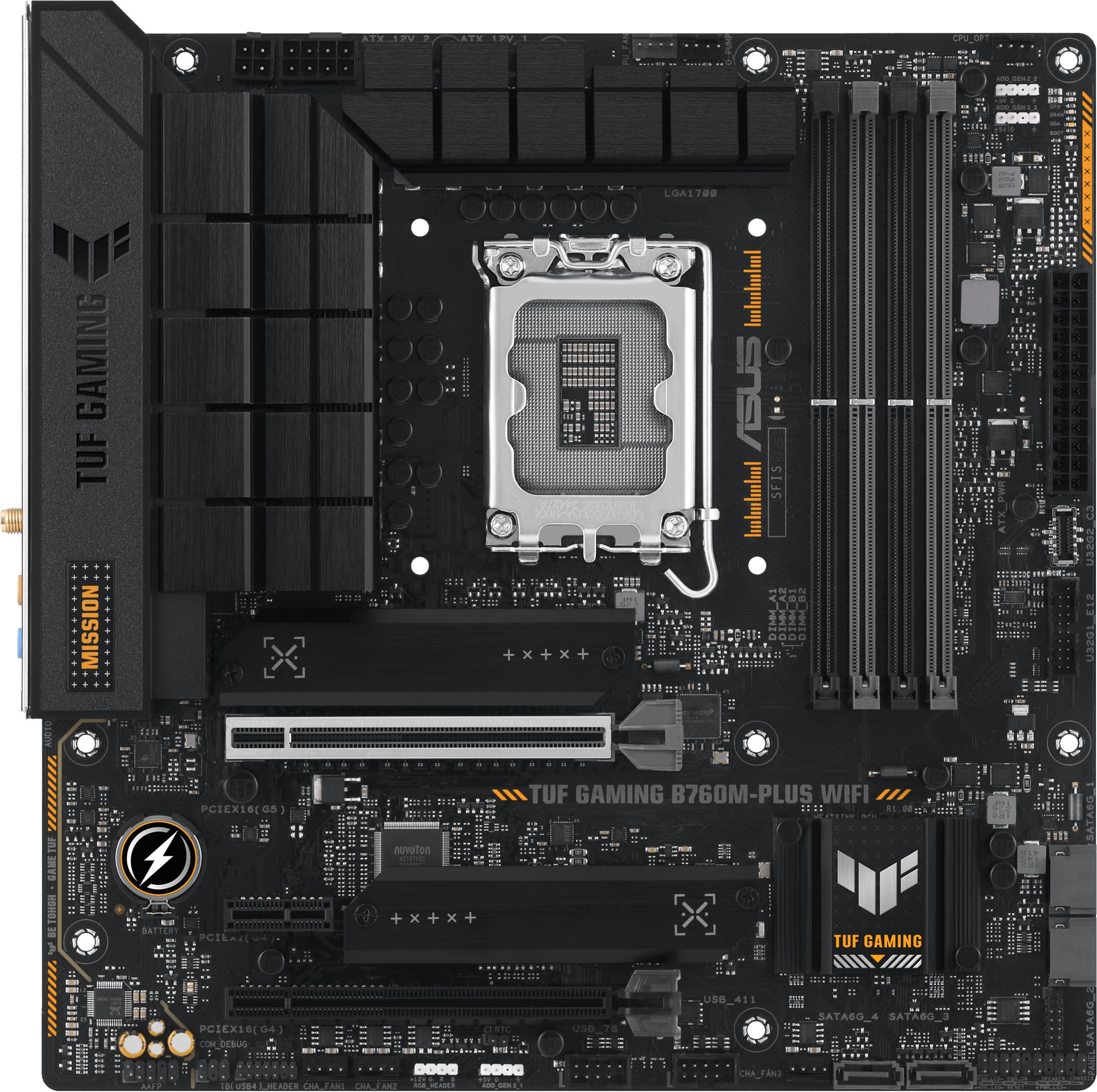 Ein schwarzes Asus TUF Gaming B760M-Plus WiFi Motherboard mit CPU-Sockel und RAM-Steckplätzen.