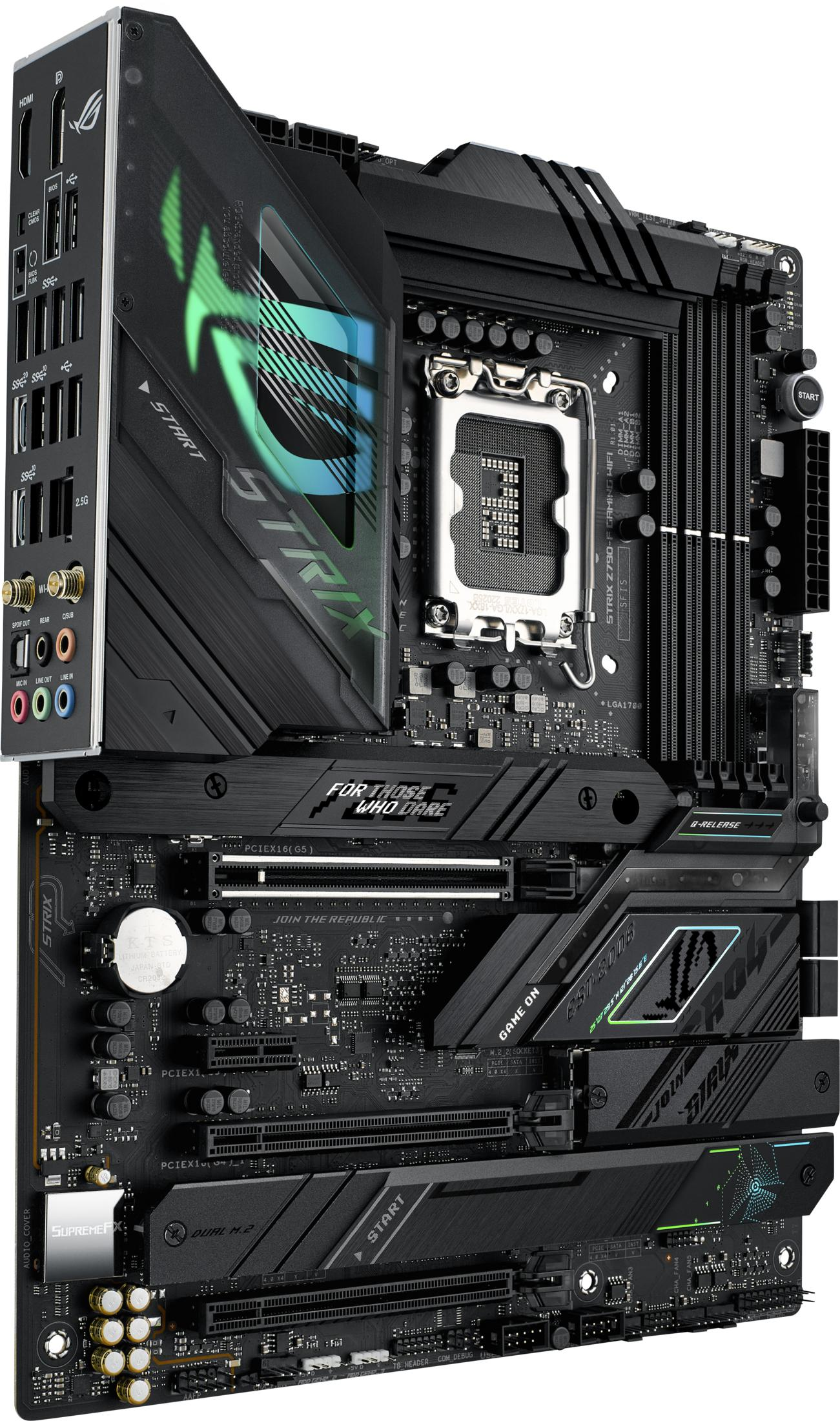 Una placa base negra con acentos plateados y verdes, zócalo de CPU y puertos.