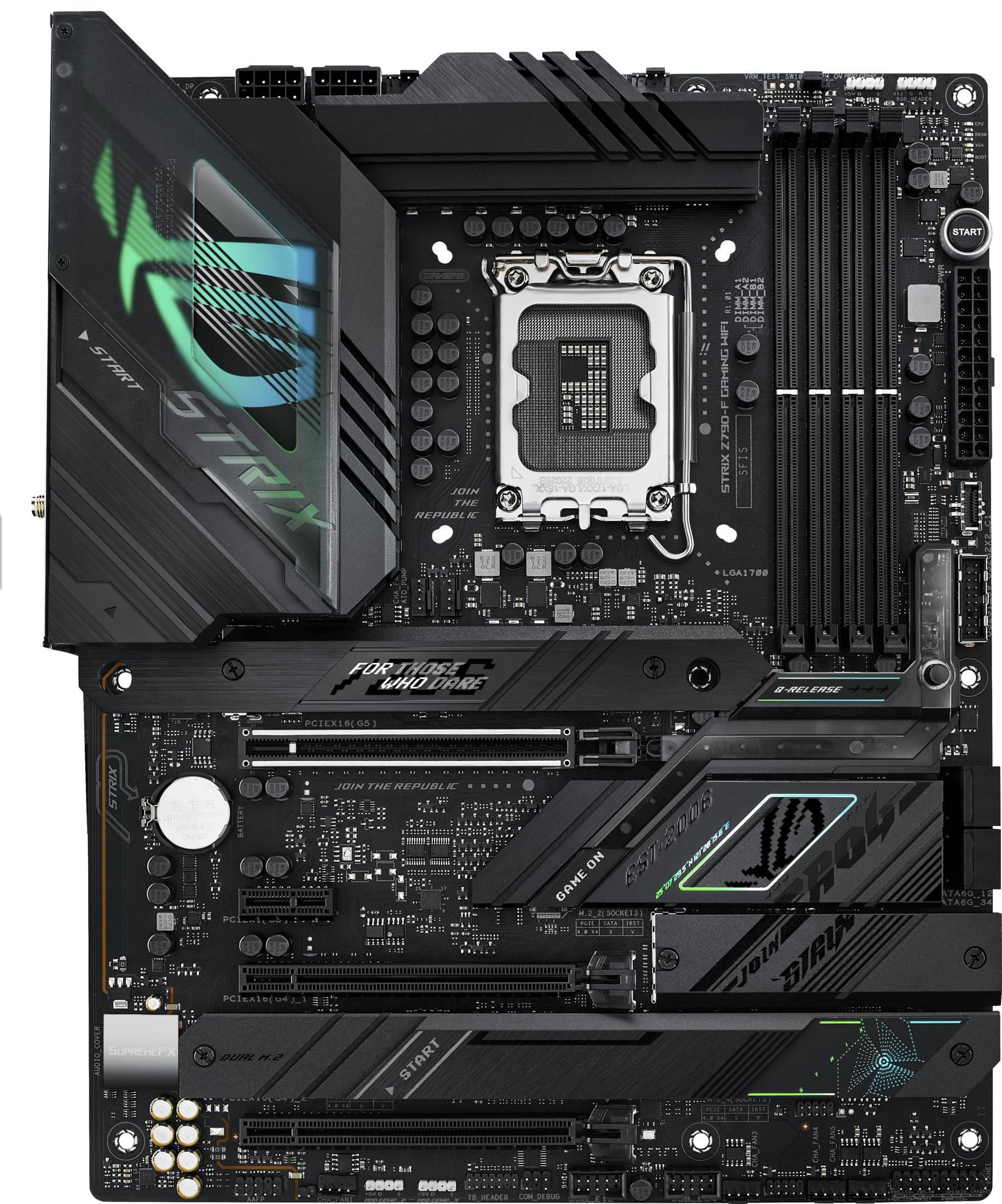 Una placa base negra ASUS ROG Strix Z790-F Gaming WiFi con zócalo de CPU, ranuras RAM y conectores.