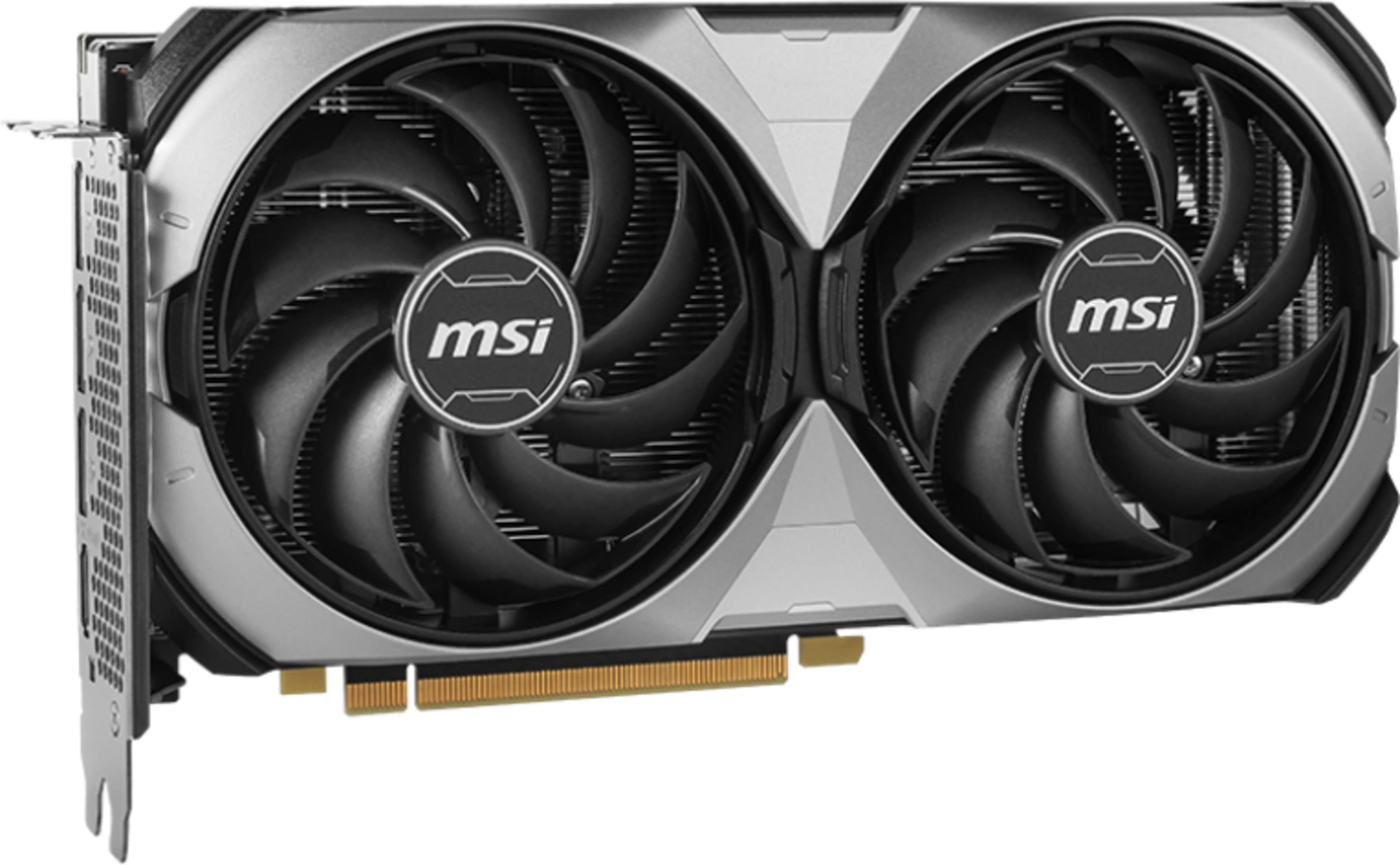 Eine Grafikkarte mit zwei Lüftern und MSI-Logo auf weißem Hintergrund.