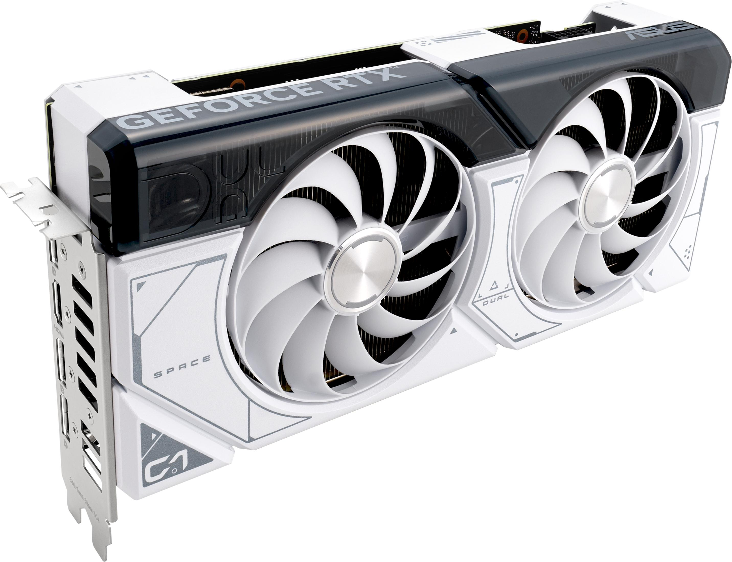 Scheda grafica bianca con due ventole e custodia nera, etichettata GeForce RTX.