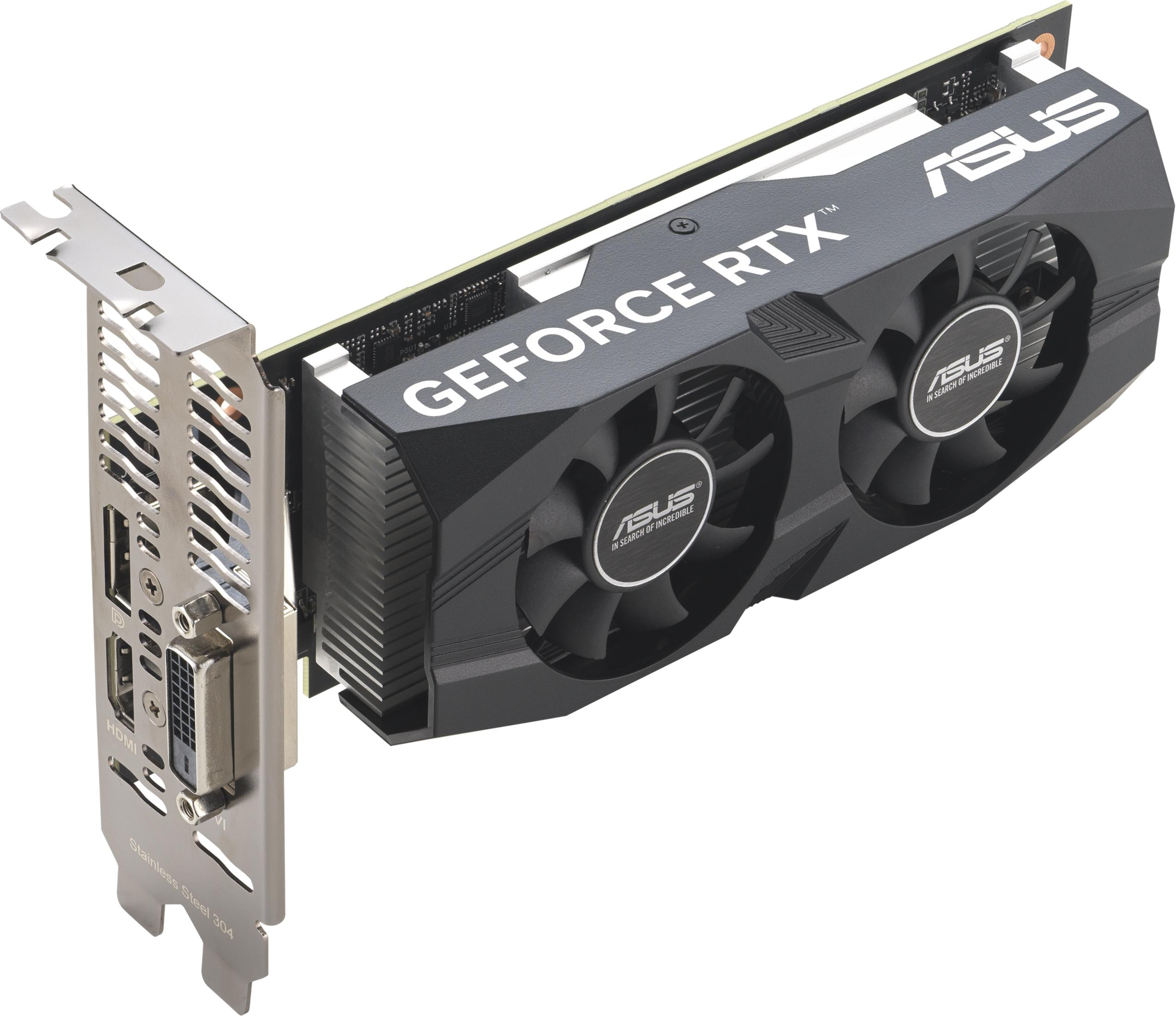 An ASUS GeForce RTX graphics card with fans and ports.