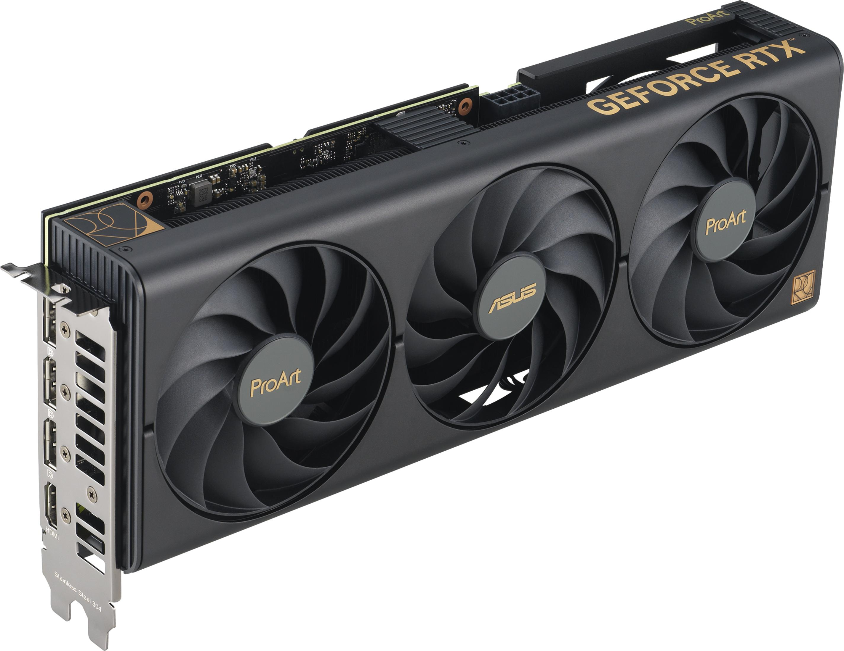 Scheda grafica nera con tre ventole, scritta dorata 'GEFORCE RTX' e 'ProArt'.