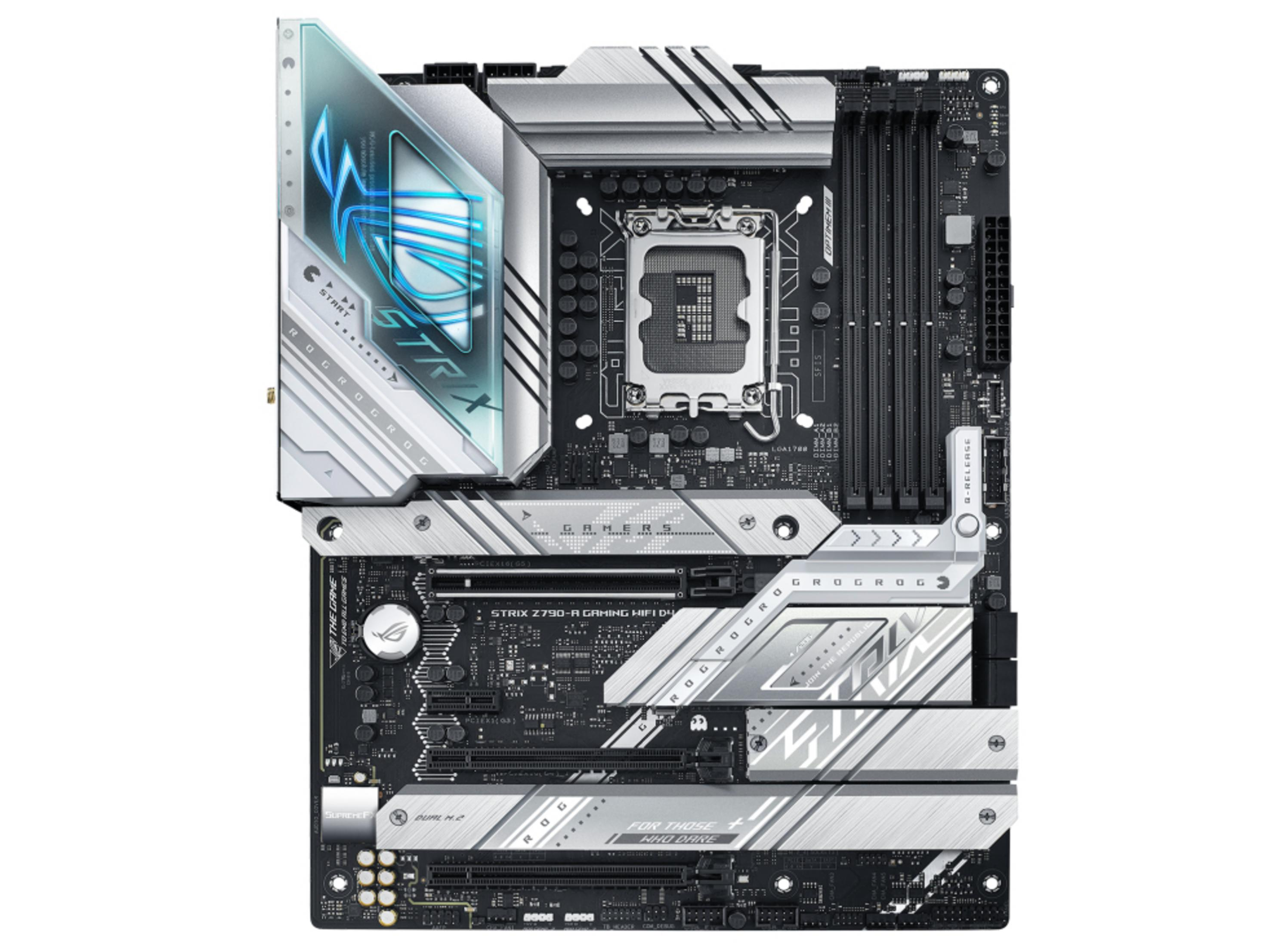 Una scheda madre ASUS ROG STRIX Z790-A GAMING con dissipatori argentati e illuminazione blu.