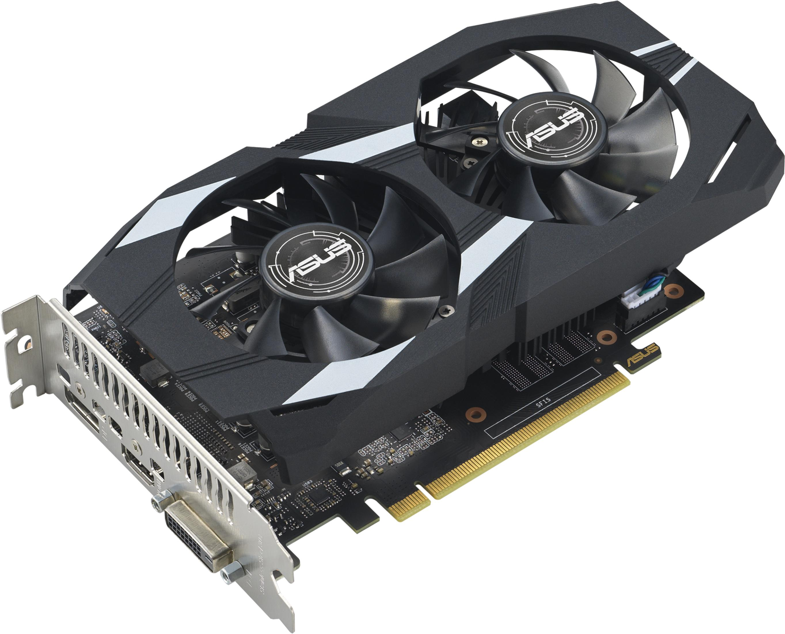 Una scheda grafica ASUS nera con due ventole e accenti argentati.