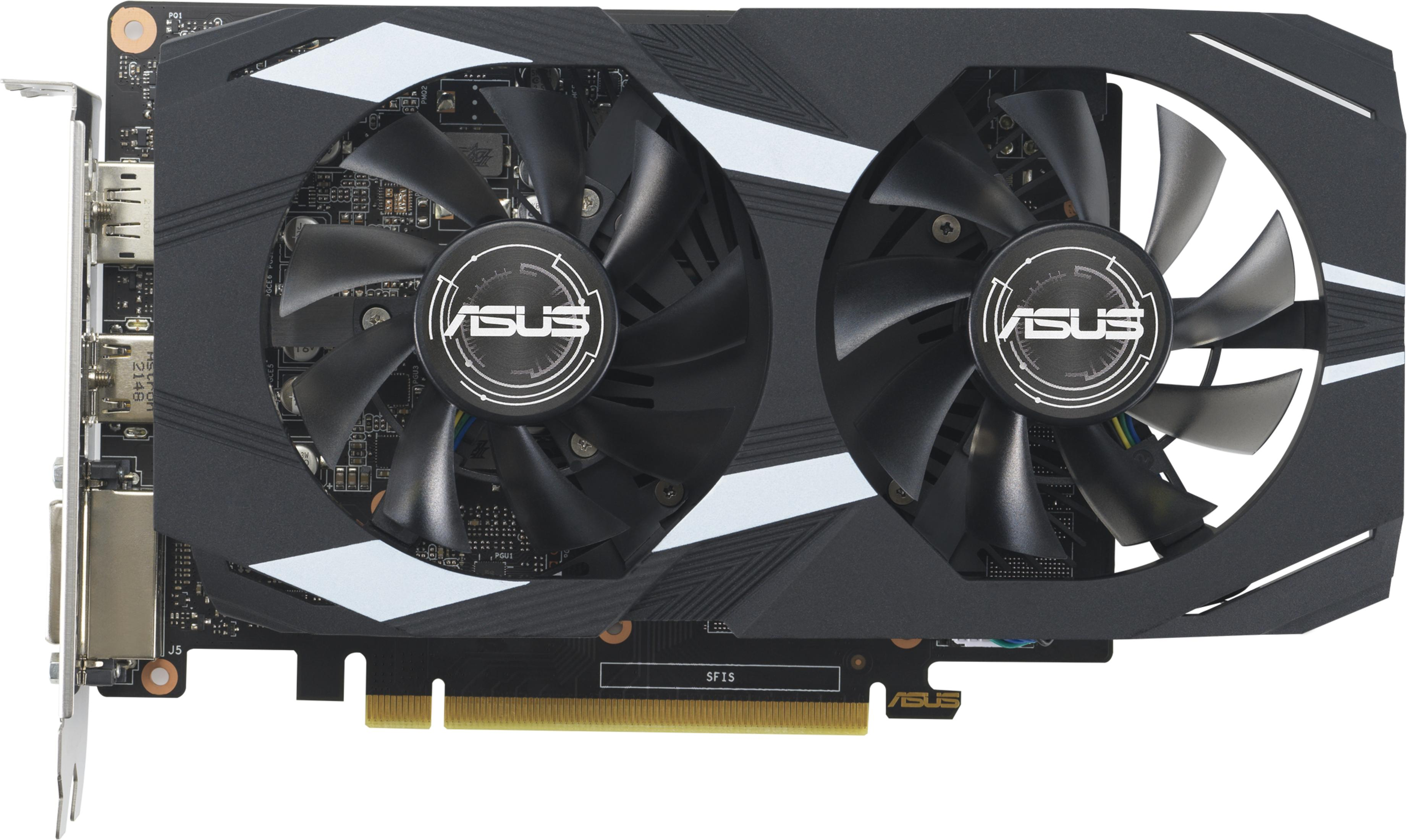 Scheda grafica con due ventole, pale nere e logo ASUS.