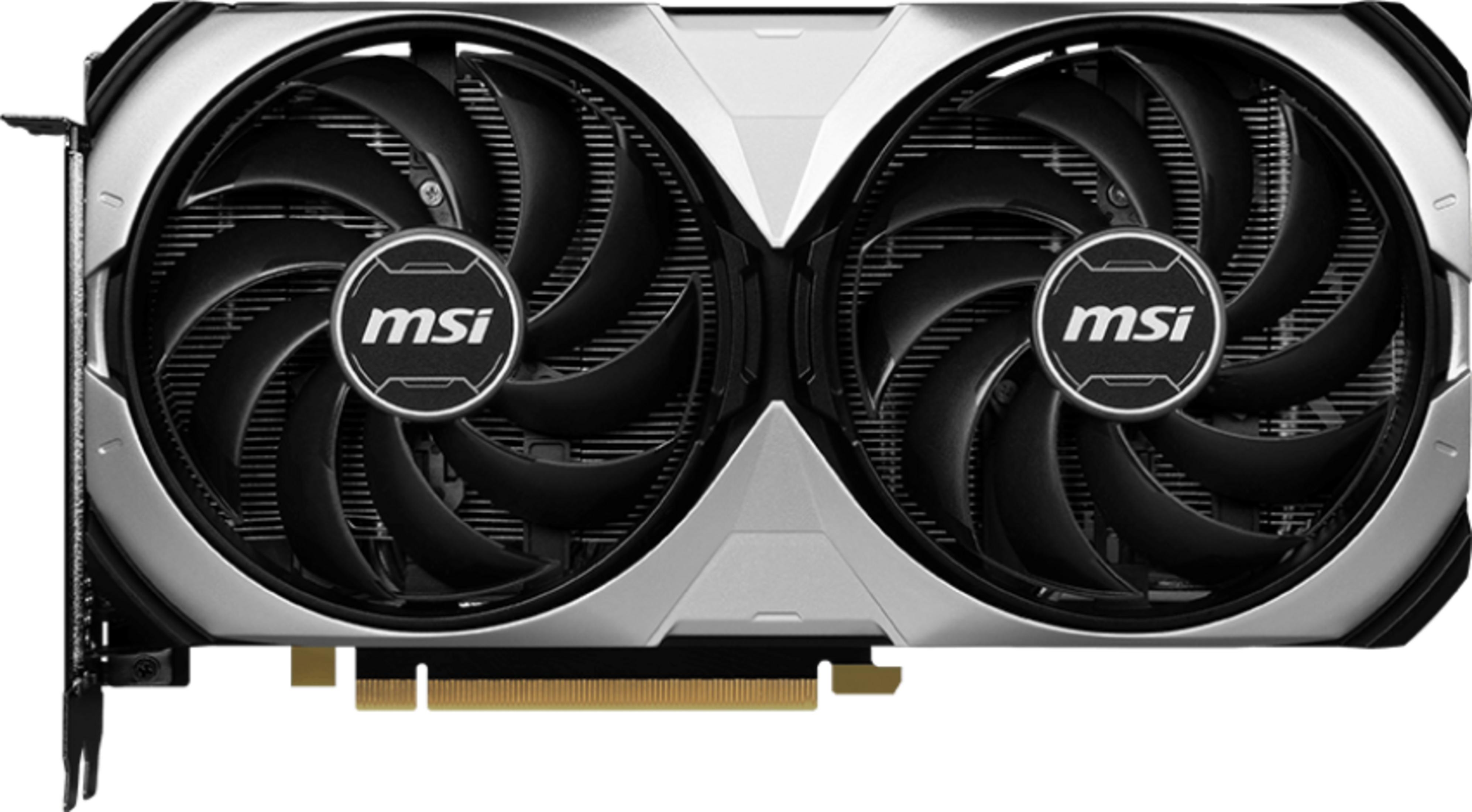 Una tarjeta gráfica plateada con dos ventiladores negros y logo MSI.