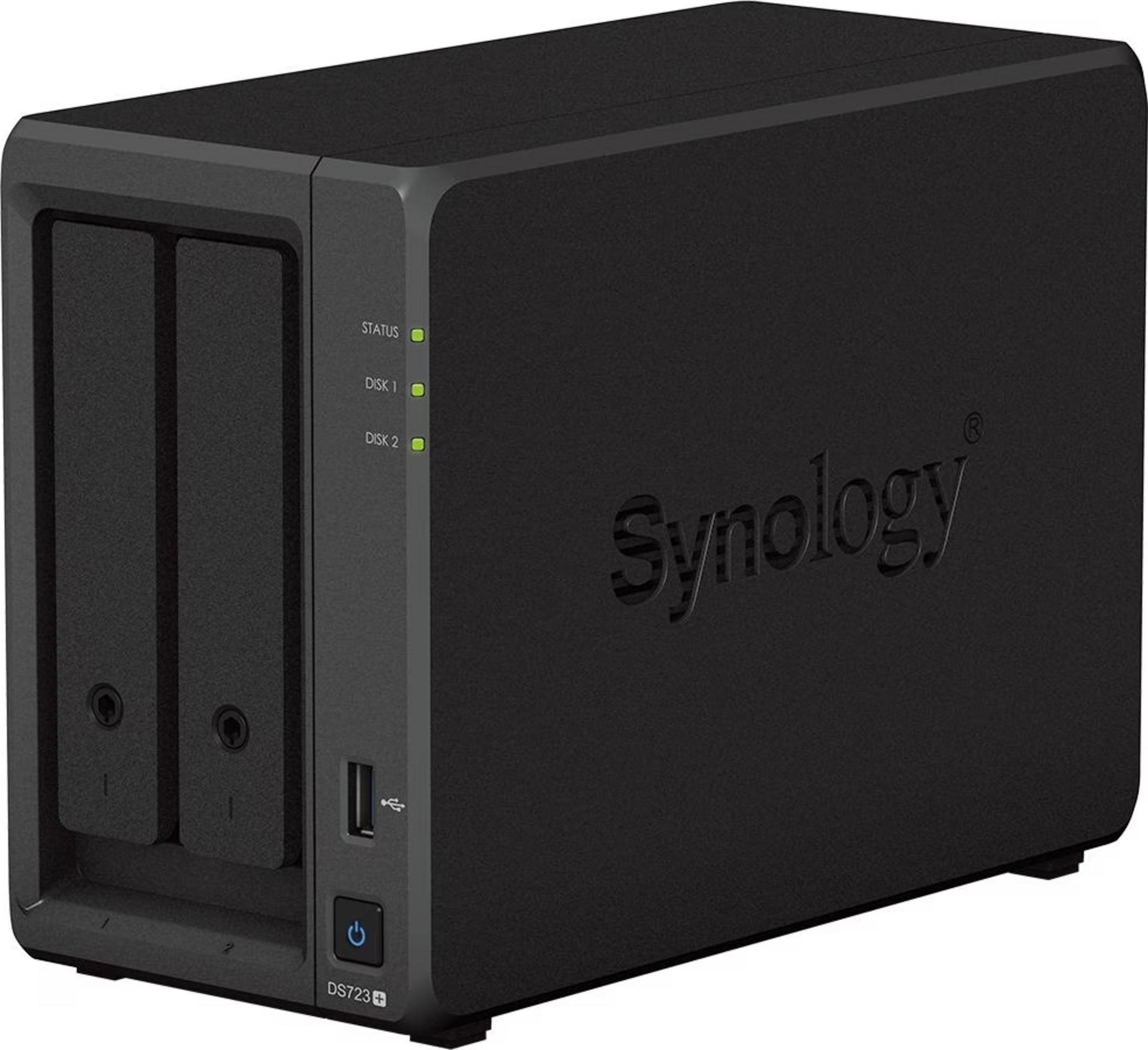 Un dispositivo NAS Synology nero con due alloggiamenti per unità e spie di stato.