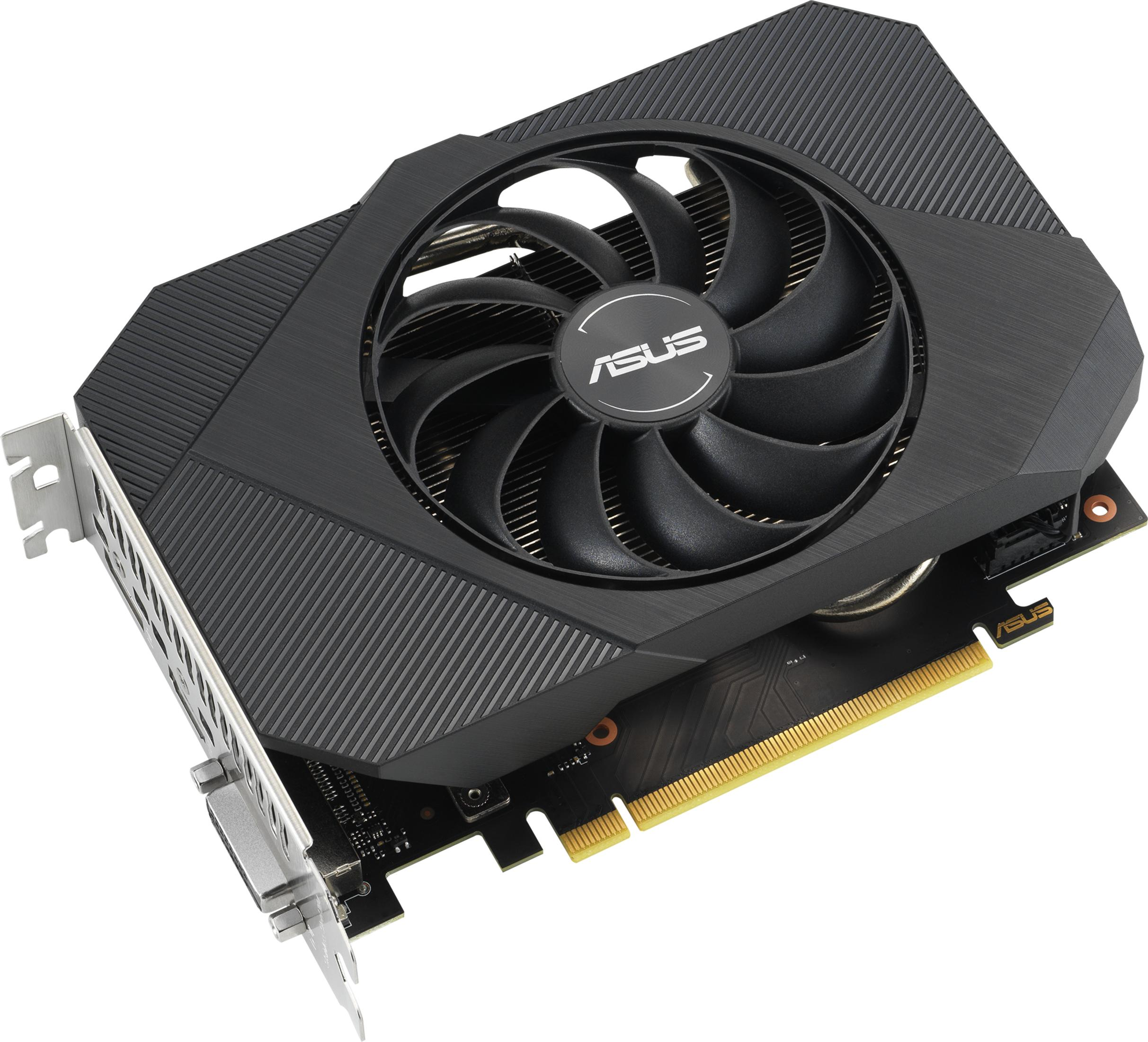 Scheda grafica ASUS nera con ventola e connettori dorati.