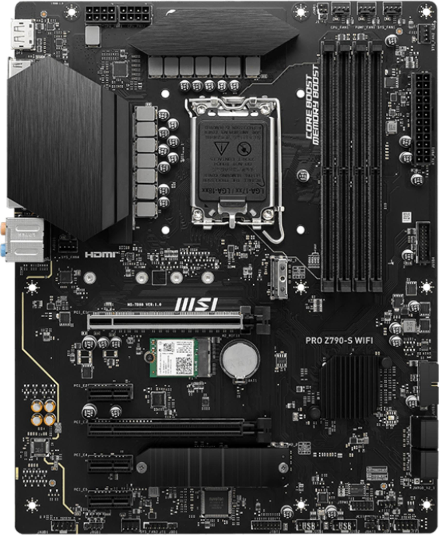Scheda madre nera con socket CPU, slot RAM e porte.