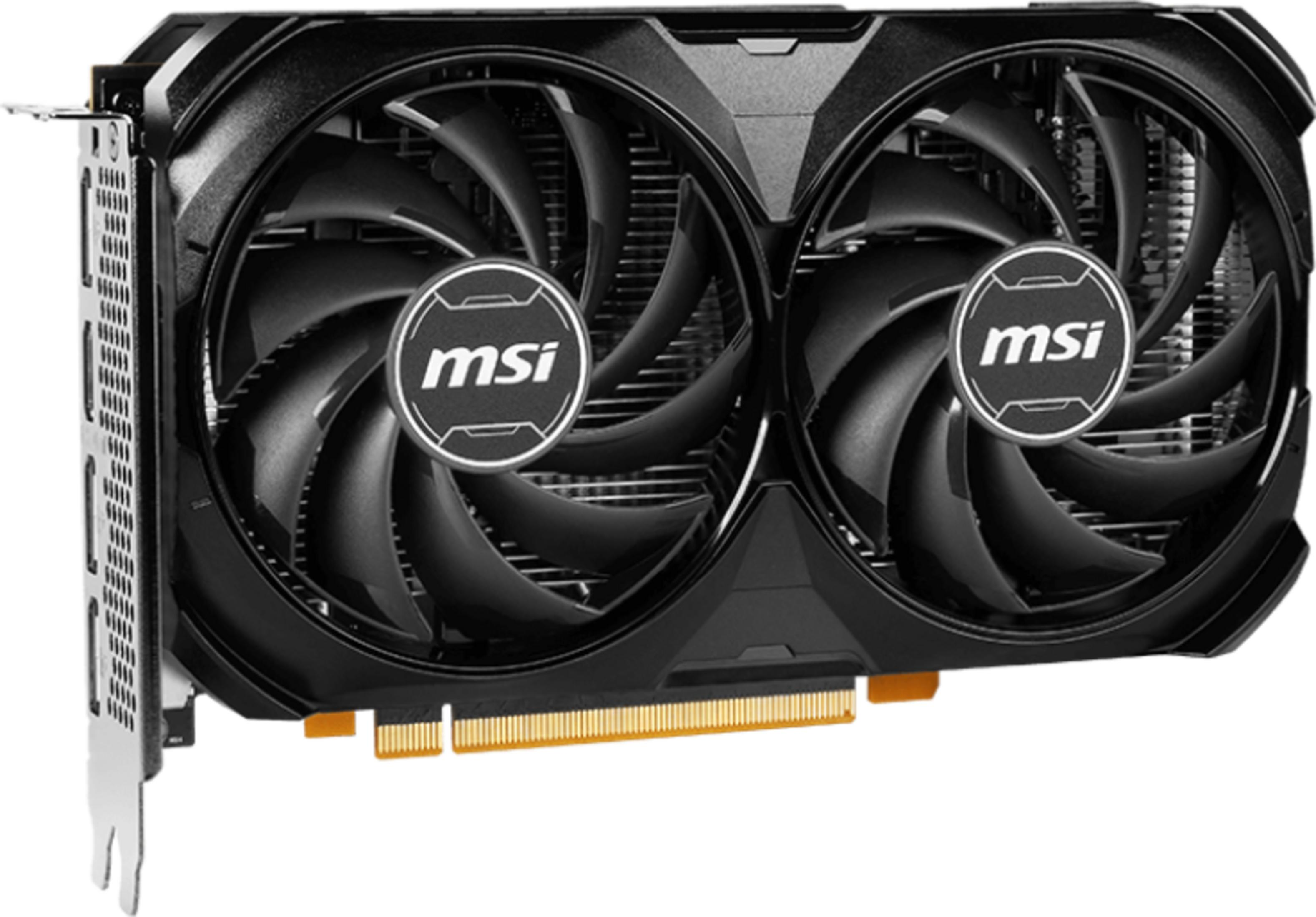 Schwarze Grafikkarte mit zwei Lüftern und MSI-Logo auf weißem Hintergrund.