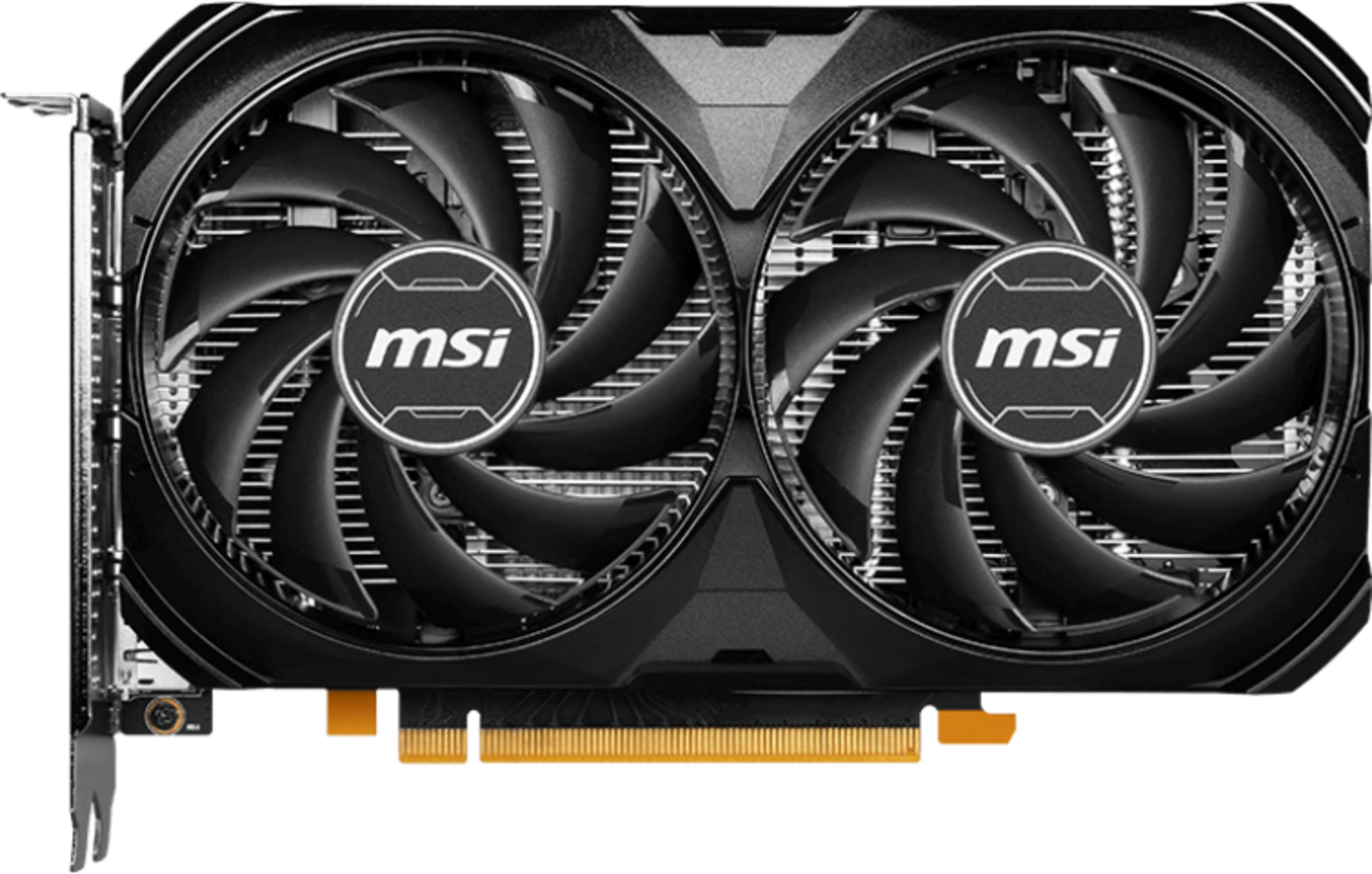 Schwarze Grafikkarte mit zwei Lüftern und MSI-Logo.