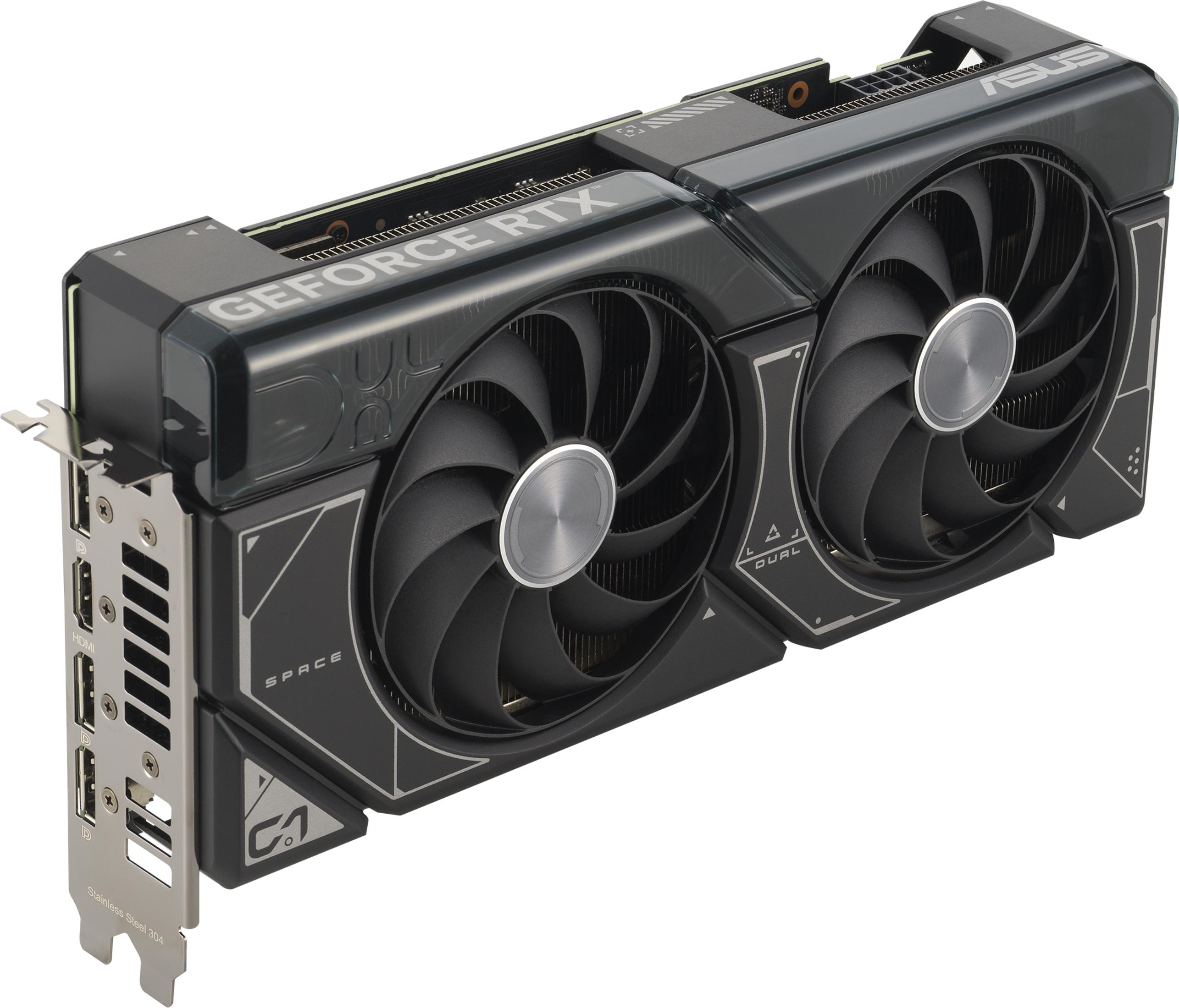Eine schwarze ASUS GeForce RTX Grafikkarte mit zwei Lüftern und Anschlüssen.