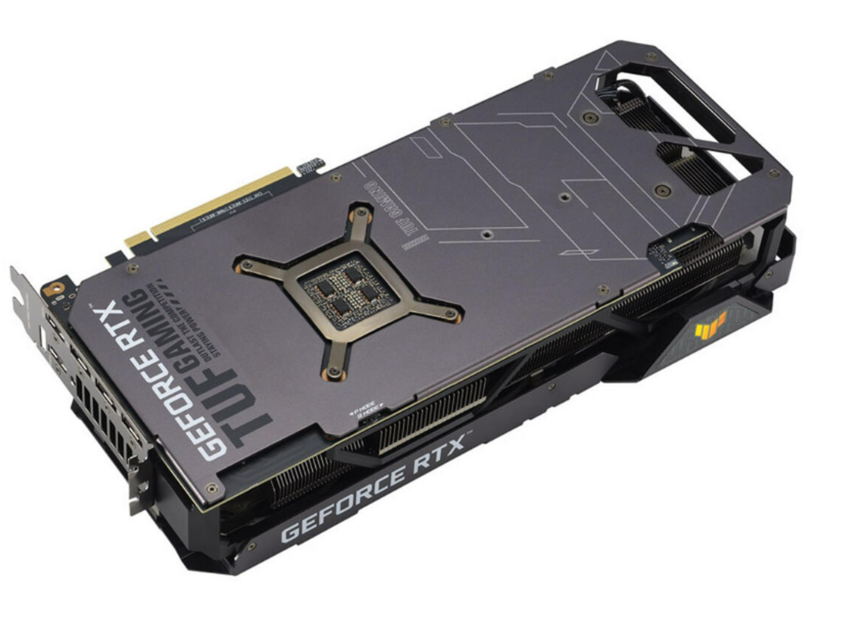 Eine graue Grafikkarte mit „GEFORCE RTX TUF GAMING“ Aufschrift.