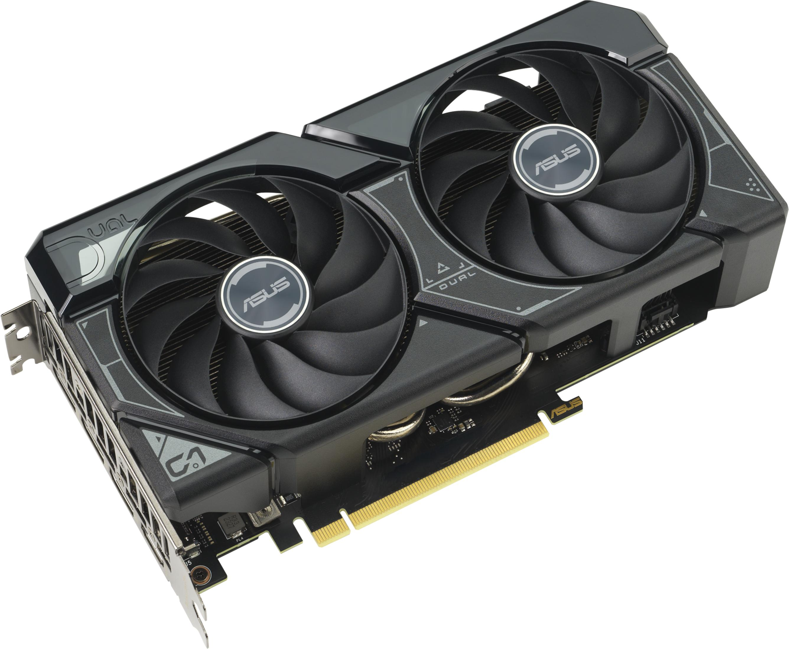 Scheda grafica nera con due ventole e logo ASUS, isolata su sfondo bianco.