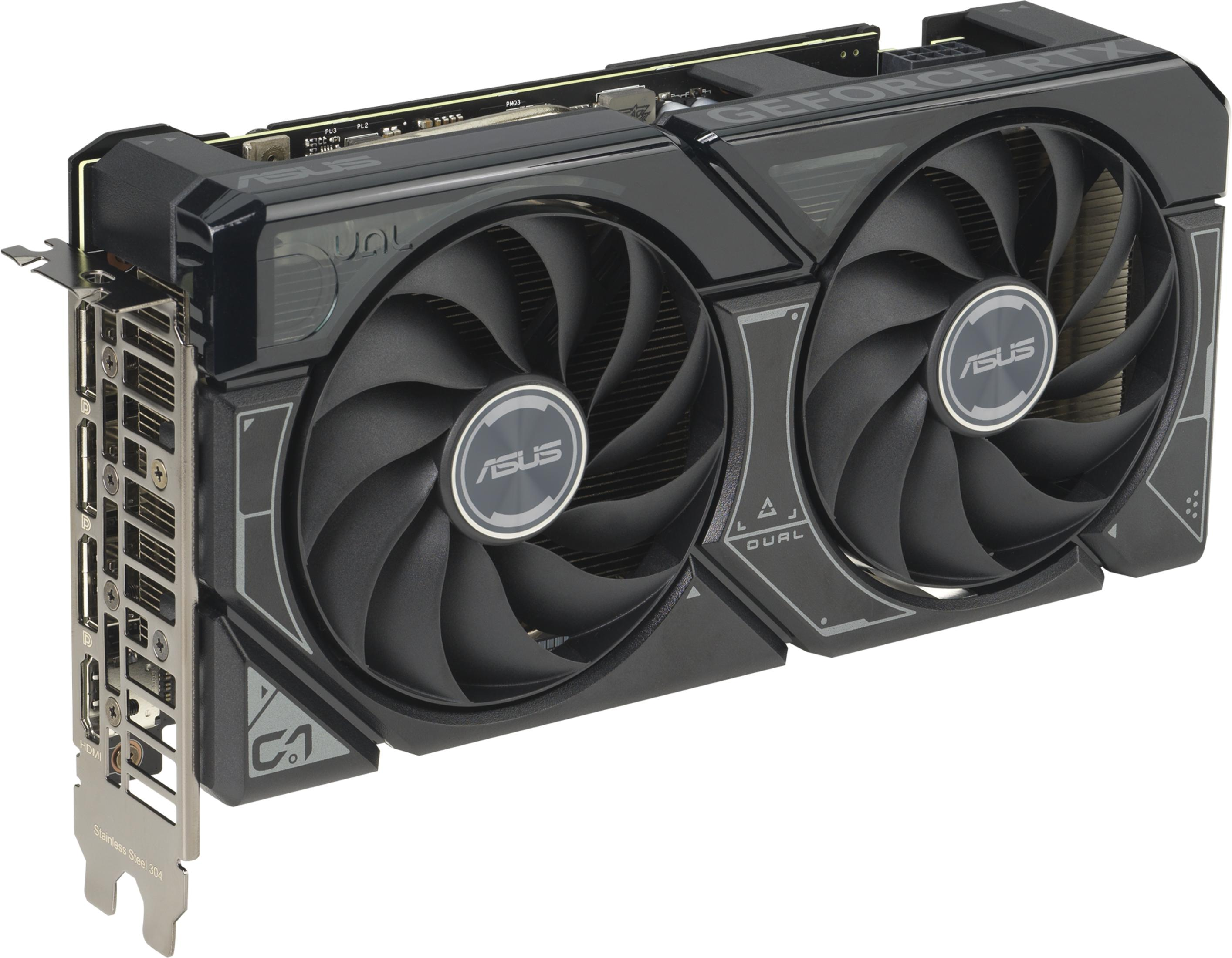 Scheda grafica ASUS nera con due ventole e porte HDMI.