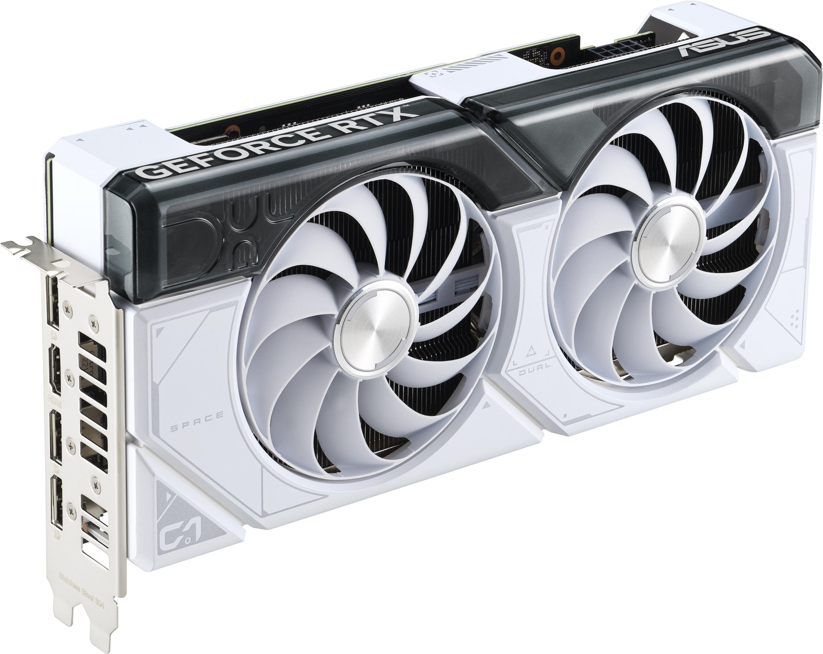 Scheda grafica bianca con due ventole e marchio GeForce RTX.