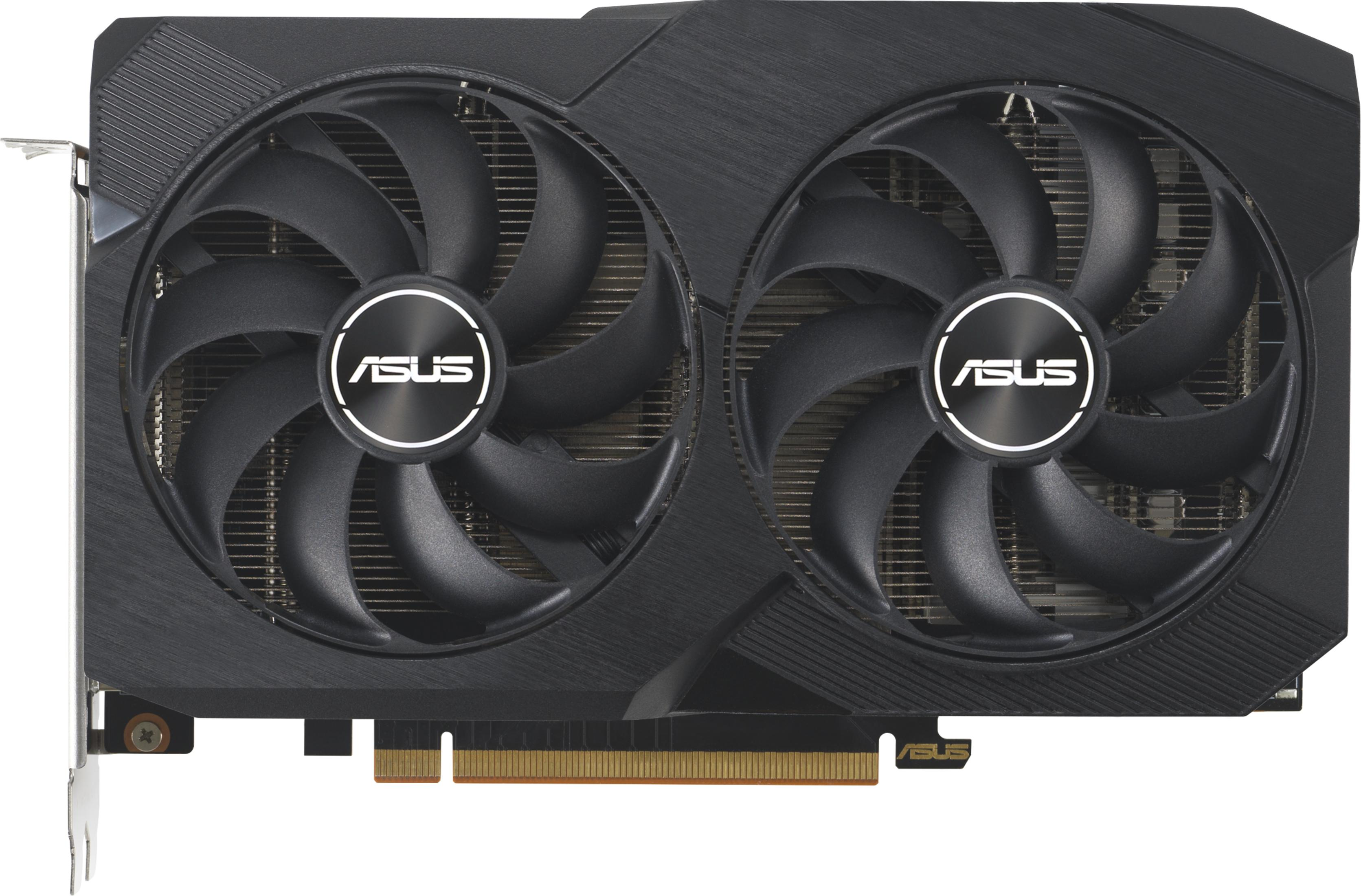 Scheda grafica nera con due ventole e logo ASUS.