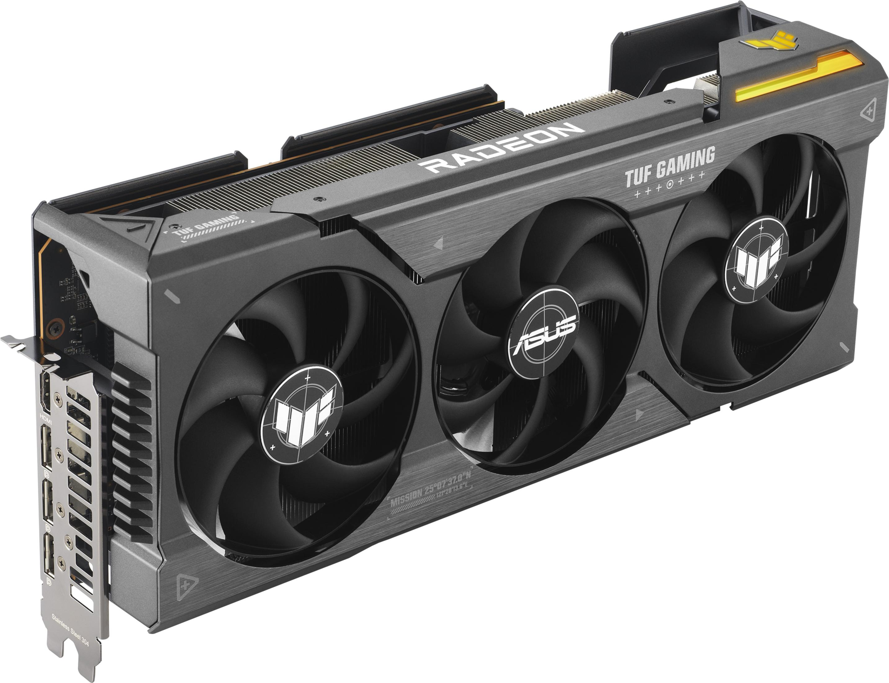 Una scheda grafica per PC nera con tre ventole e logo TUF Gaming.