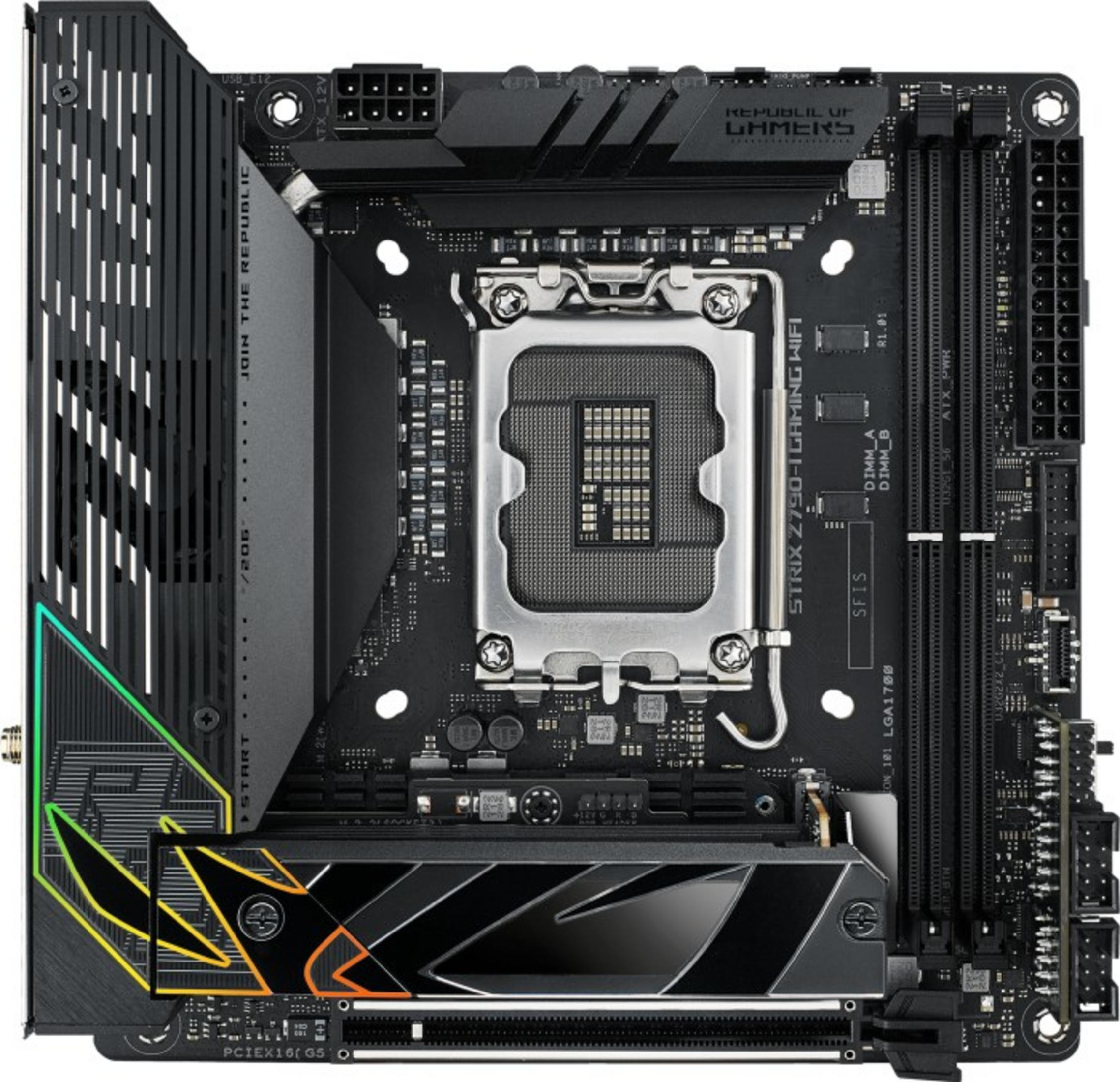 Una scheda madre nera con socket CPU, slot RAM e connettori.
