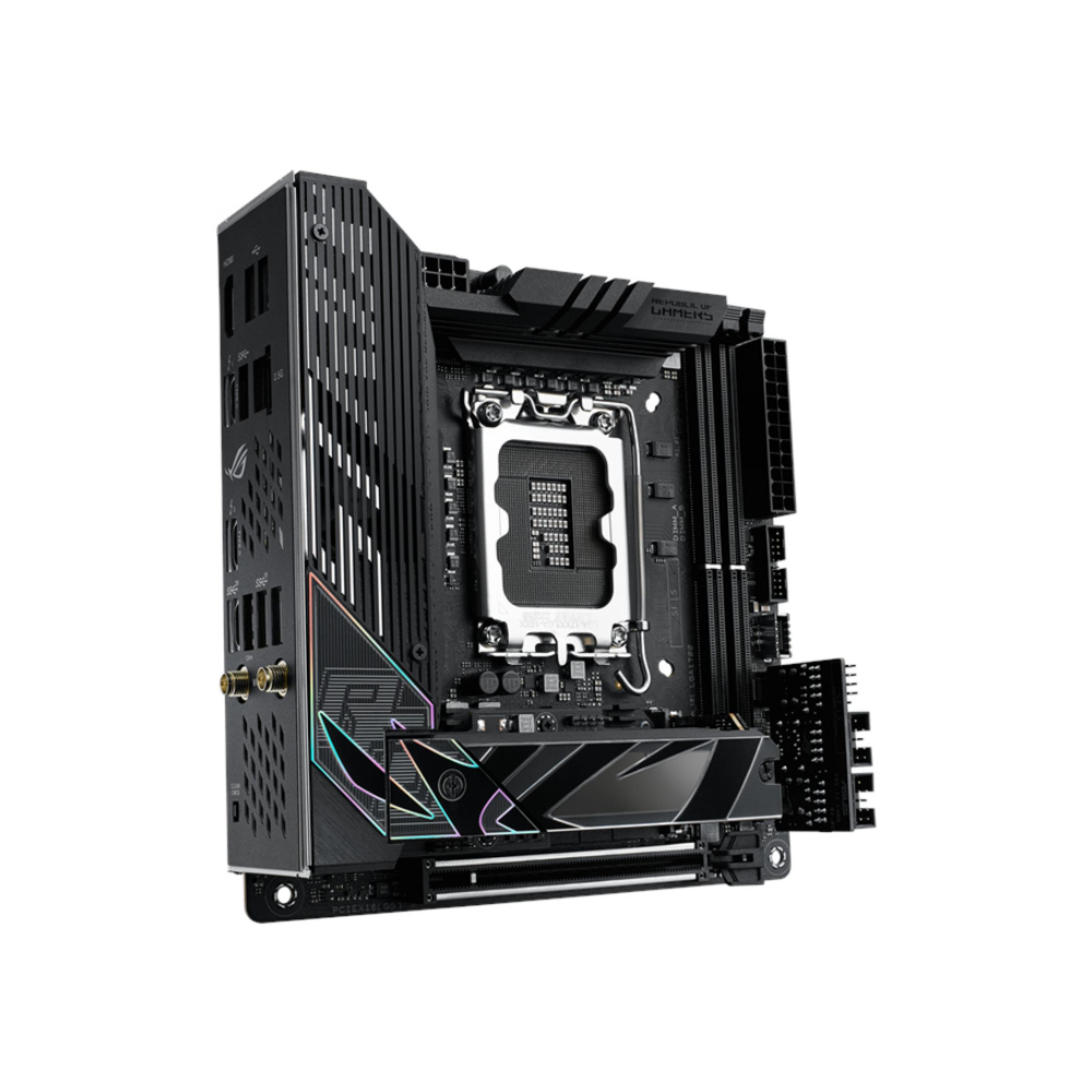 Una scheda madre nera con socket CPU e dissipatori, sfondo bianco.