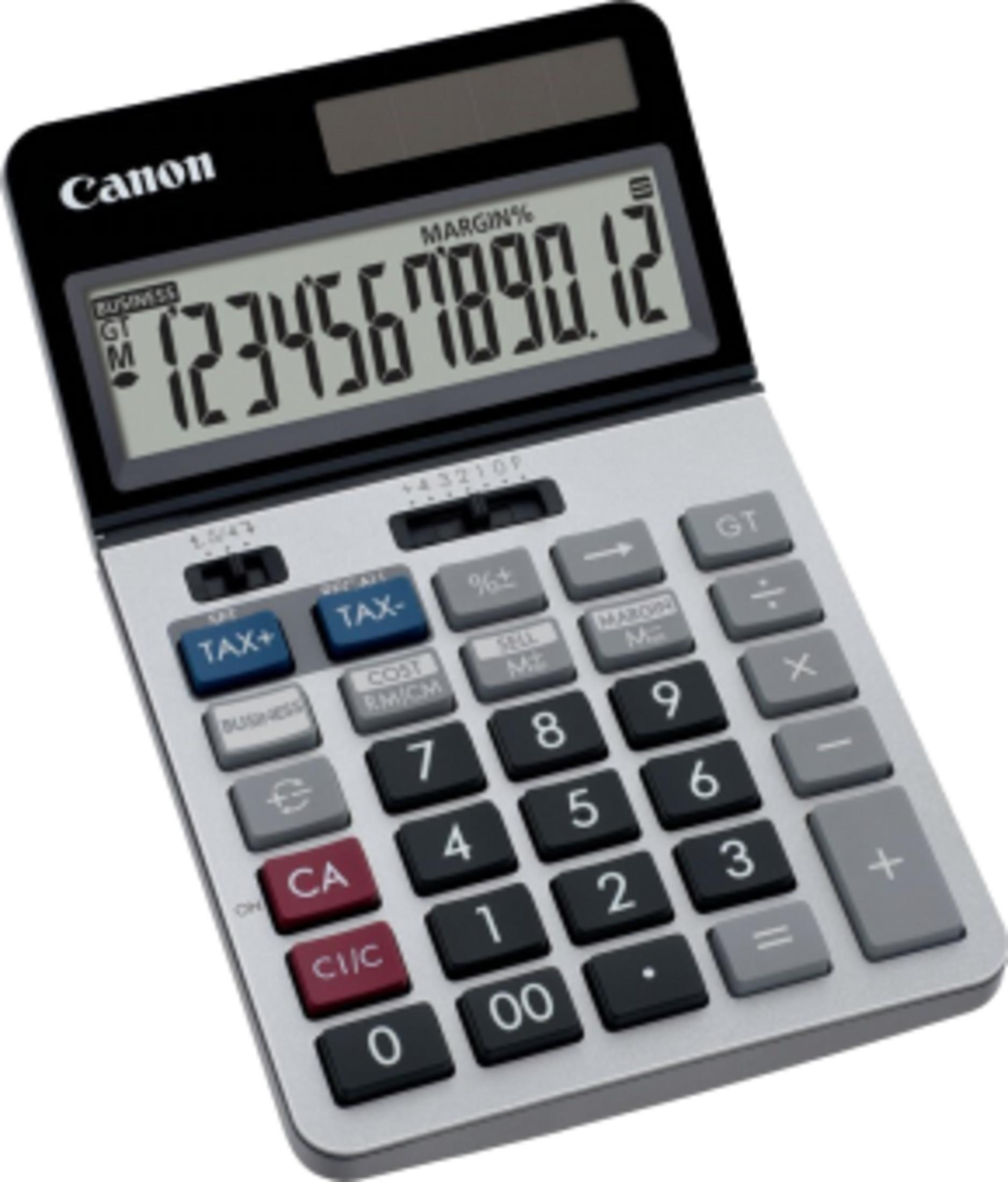 Calculatrice Canon noire avec boutons argentés et écran LCD affichant des chiffres.